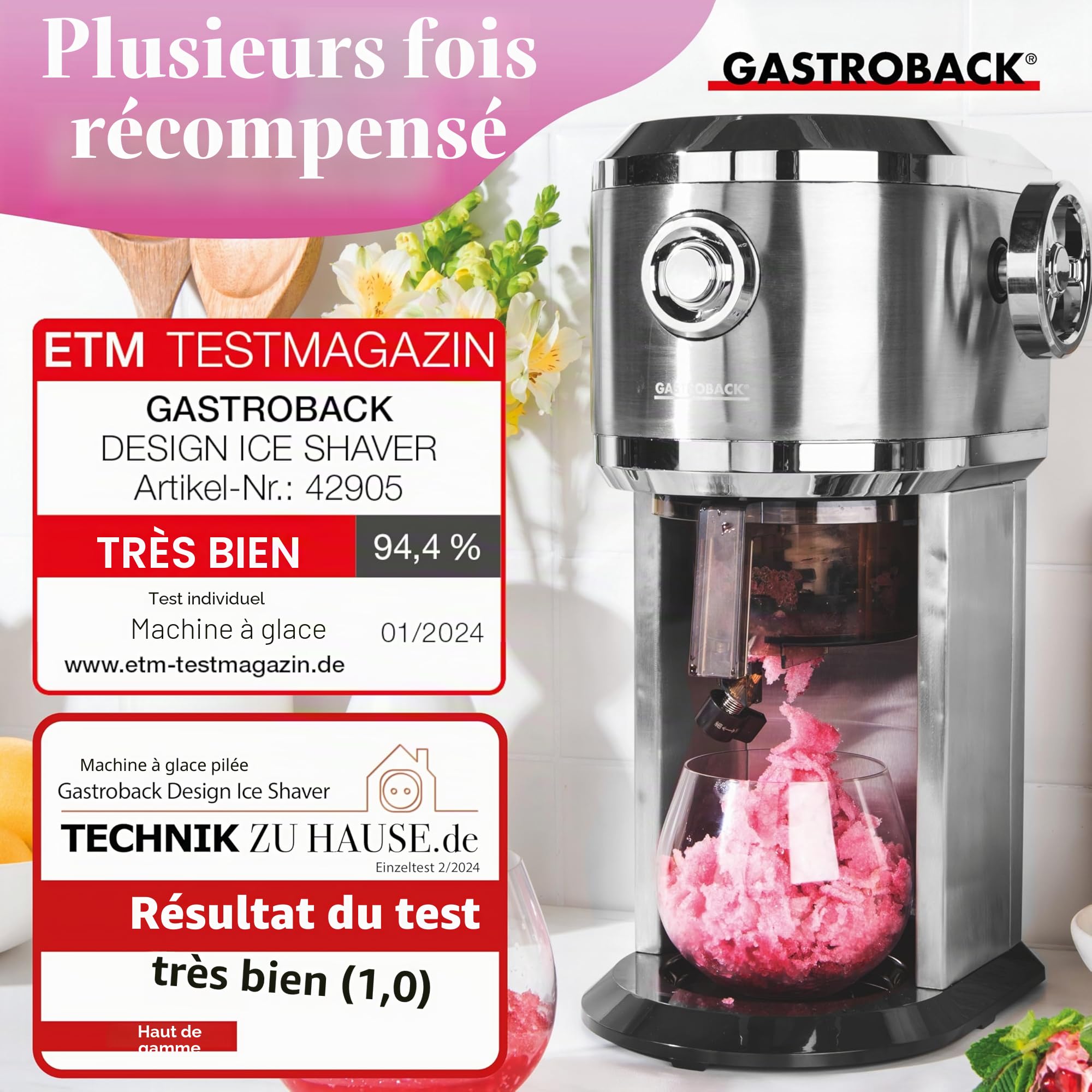 GASTROBACK Machine à granité pour la maison - Machine à glace - Pour cocktail glacé, cônes de neige, granité et glace pilée - Épaisseur de râpe et quantité de remplissage réglables