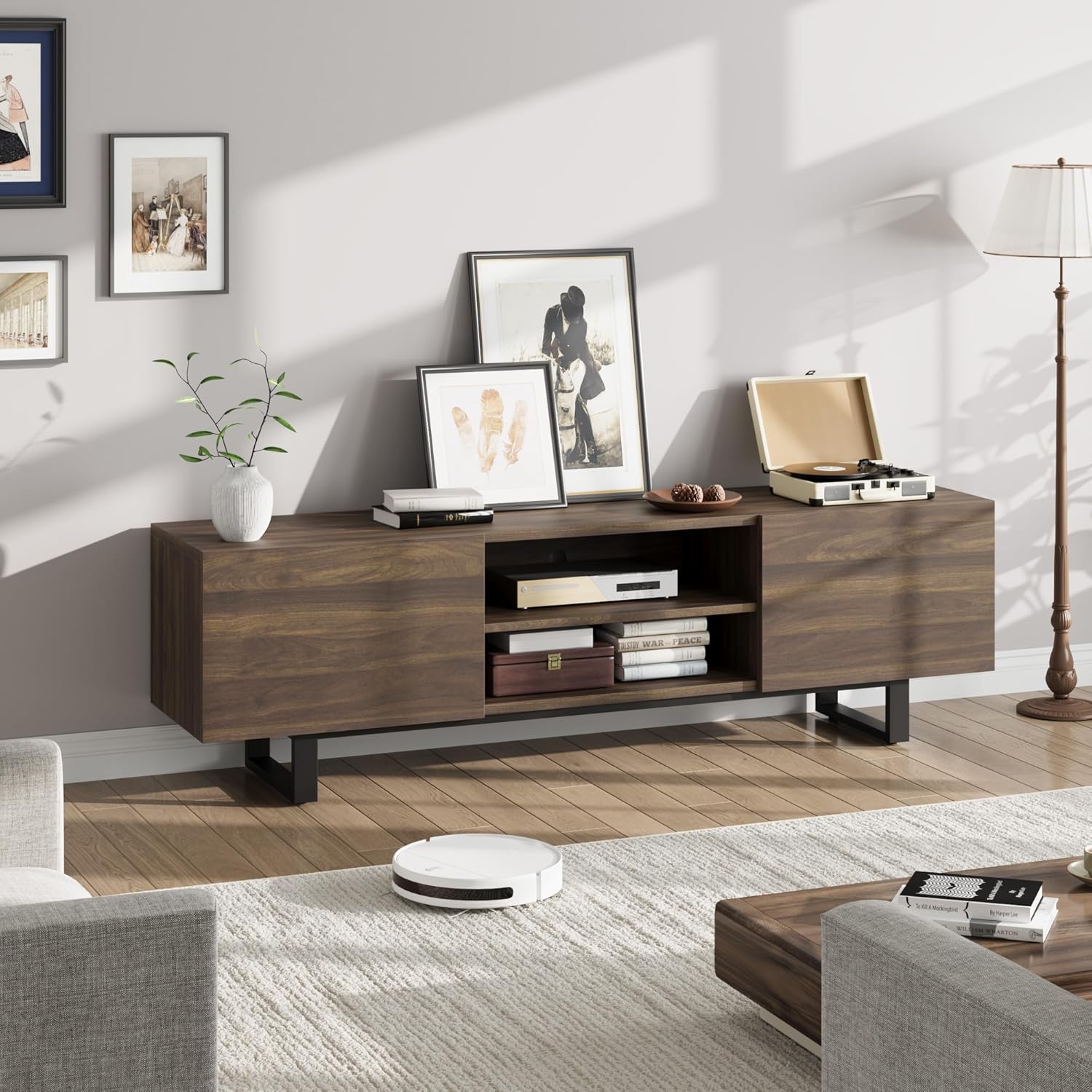 GarveeHome Industrial TV Stand for 80 in, Modern Entertainment Center with 2 Drawers, Wooden Media Cabinet with Heavy Duty Leg and Open Storage, TV Console Table for Living Room, Walnut - Image 6