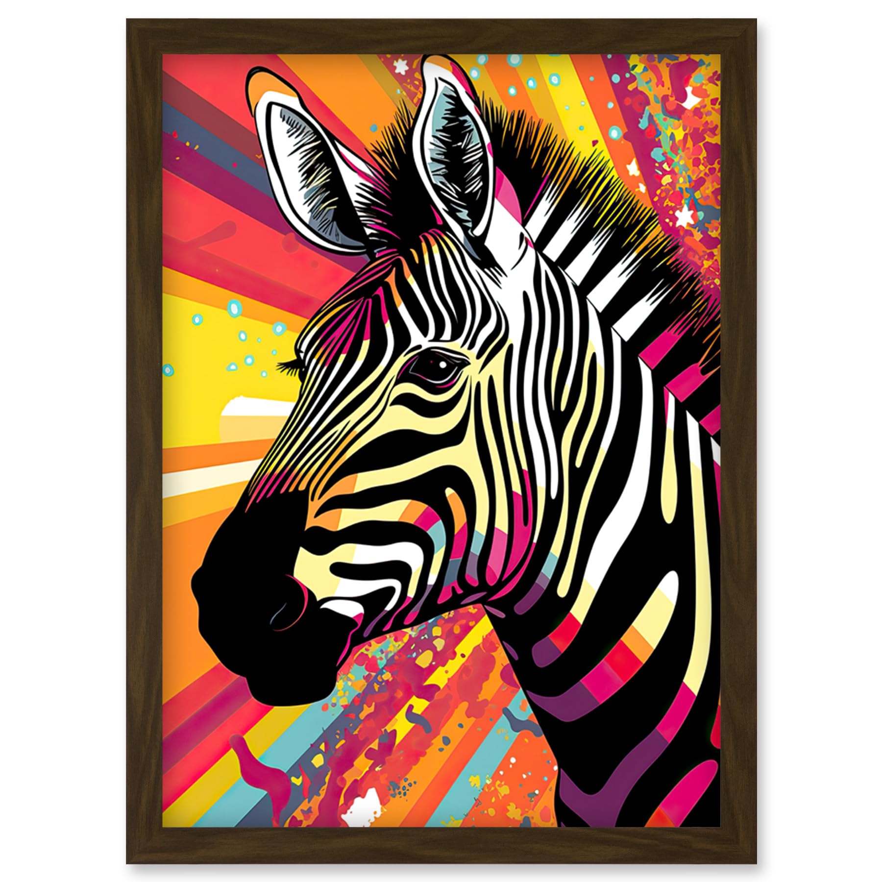 Artery8 Zebra Portrait Vibrant Colourful Stripes Bright Bold Psychedelic Rainbow Artwork Framed Wall Art Print A4