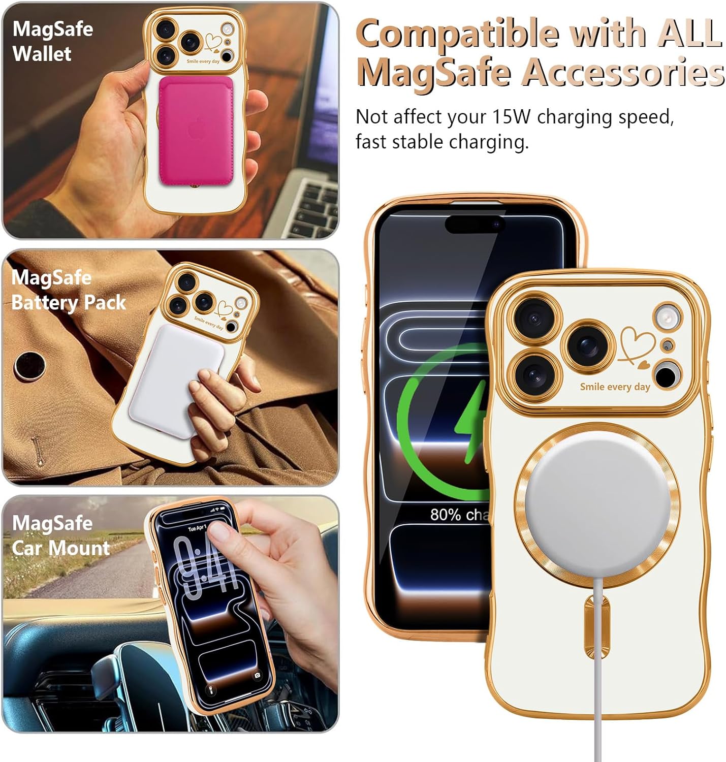 LCHULLE for iPhone 17 Pro Max Case for Women Girls [Compatible with MagSafe] Cute Curly Wave Shape, Magnetic Love Heart Pattern with Camera Lens Cover Luxury Plating Shockproof Phone Case, White - Image 5