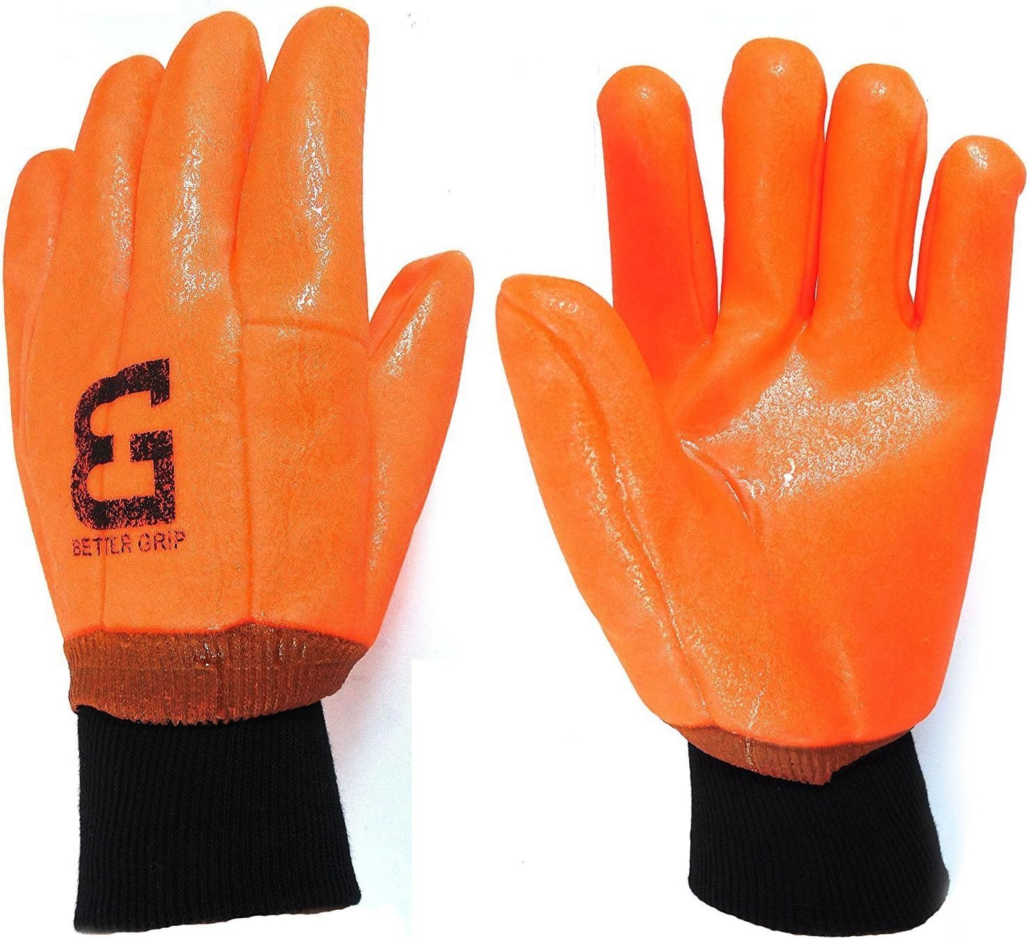 BG105ORGKW Heavy Duty Premium Sandy finished High Visibility PVC Coated Gloves with Knit Wrist, Chemical Resistant, One Size (3 Pairs)