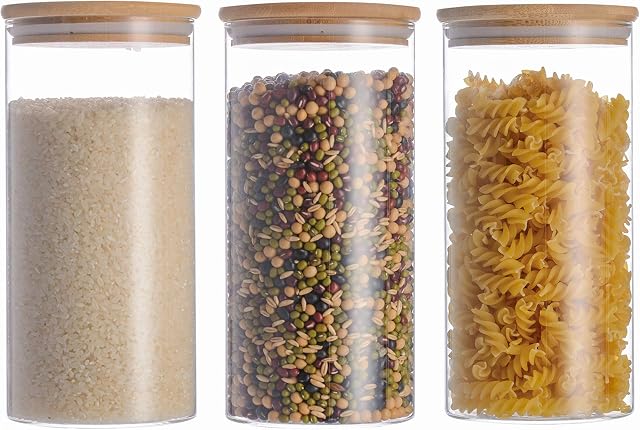 3x1300ml Glass Jars Food Storage Container Canister with Lid for Rice, Coffee, Tea Bags-Set of 3