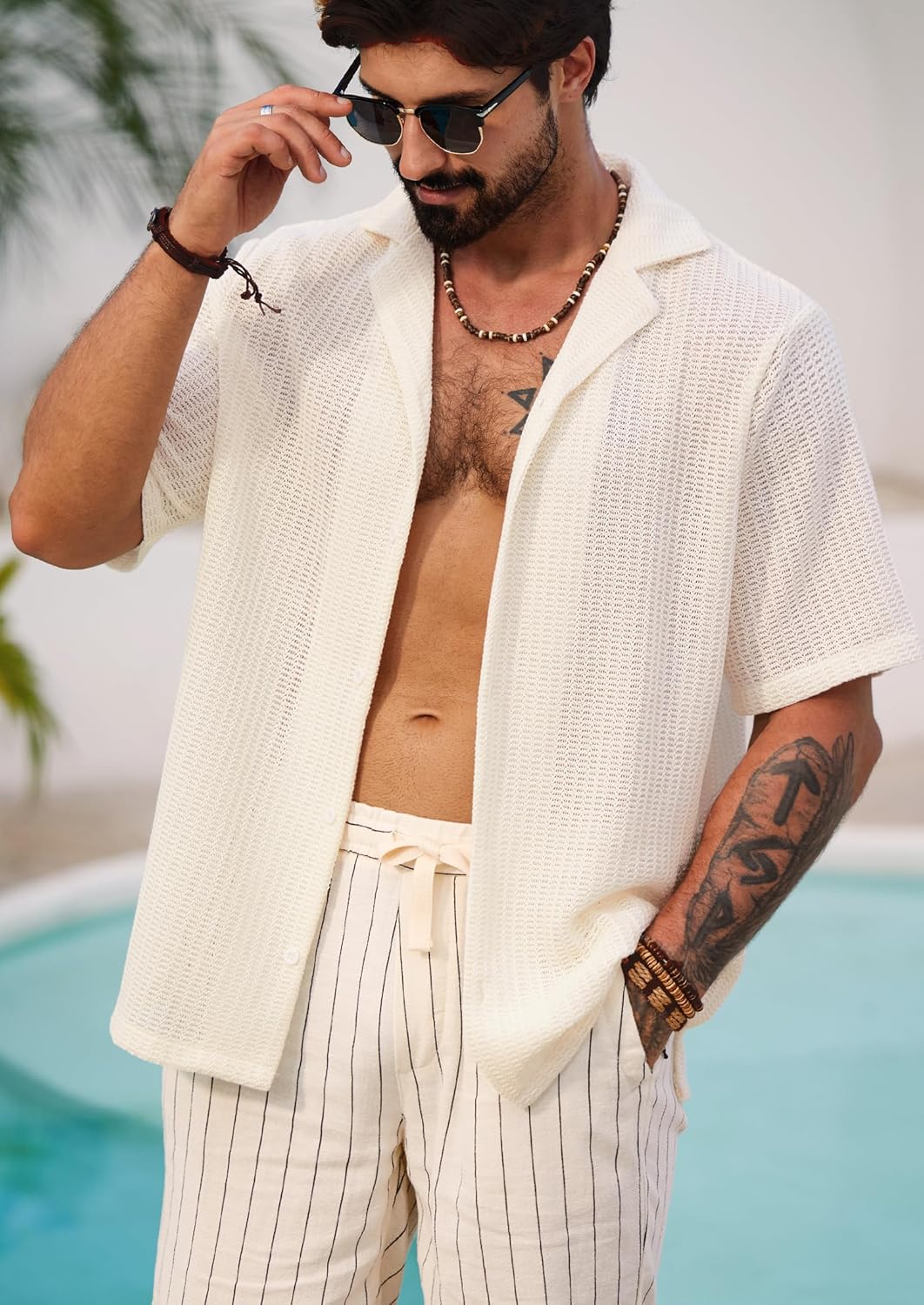 Mens Crochet Shirts Summer Fashion Knit Mesh Button Down Casual Cuban Top (S-XXL)