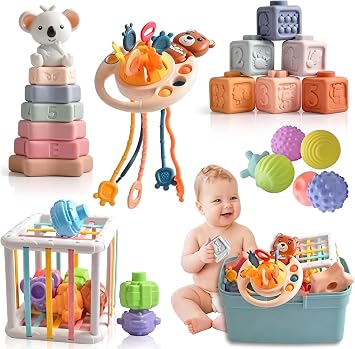 Baby Montessori Sensory Toys 6 to 12 Months, Travel Stroller Infant Toy | 6-in-1 Pull String Activity Toy, Koala Stacker, Soft Blocks, Shape Sorter Developmental Gift for 6-36 Months Boys & Girls