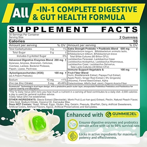 Miniatura 2 de Paquete de 2 gomitas de enzimas digestivas para mujeres y hombres, múltiples enzimas con 90 mil millones de UFC de probióticos y prebióticos y