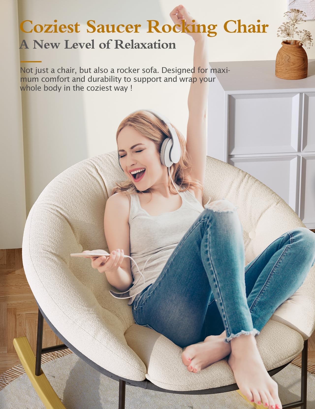 Kidirect Round Saucer Rocking Chair Nursery, Modern Upholstered Nursery Rocking Chairs and nursery Glider with Cozy Cushion, Comfy Nursing Chair for Breastfeeding & Reading, Fits Living Room & Bedroom