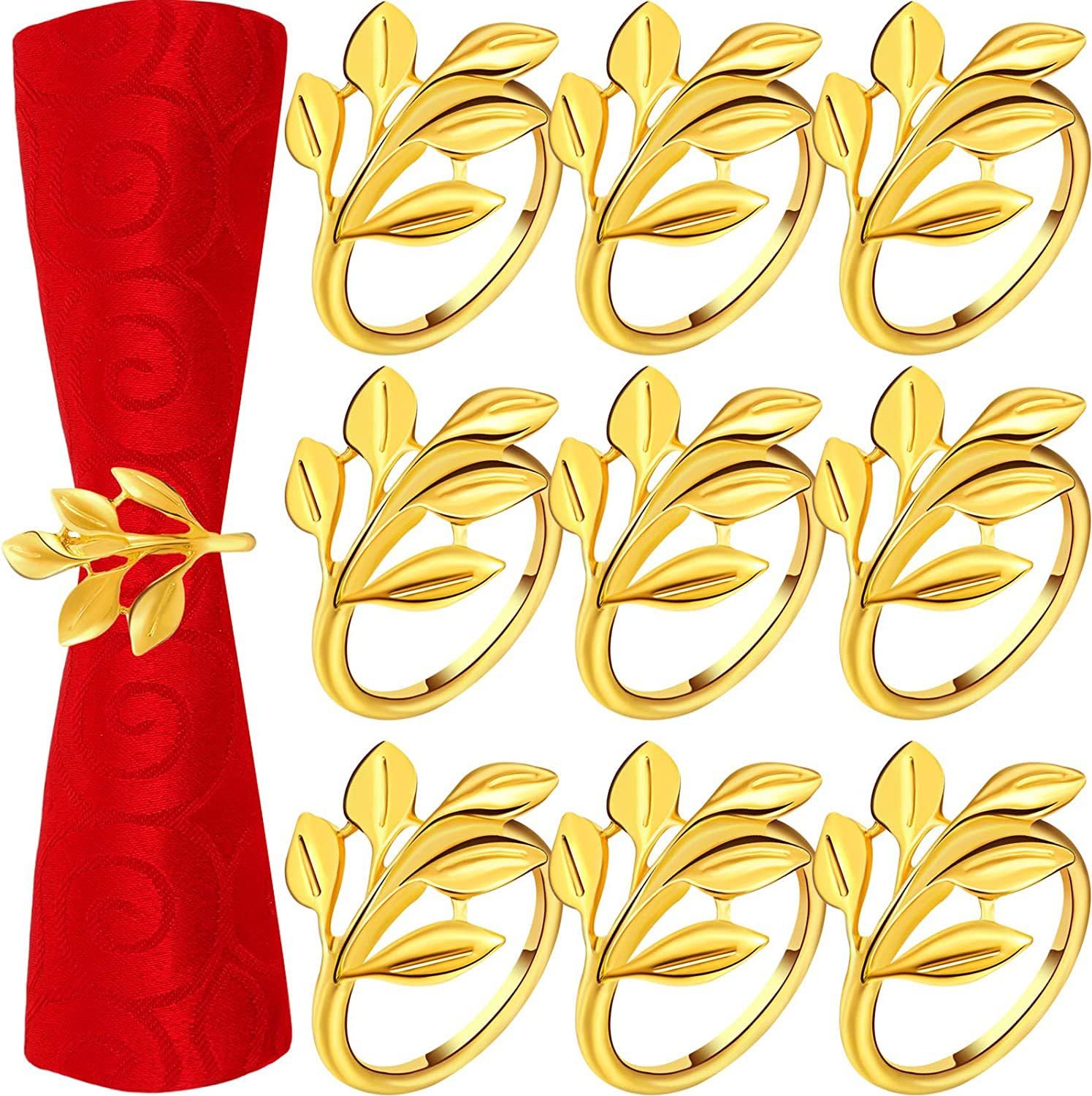 Lot de 24 Ronds de Serviette en métal pour Table à Manger, Noël, Mariage, Motif Feuille d'arbre.