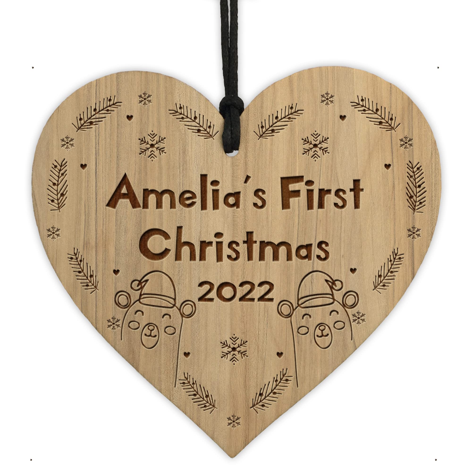 Red Ocean Babys 1st Christmas Engraved Wood Heart Daughter Son Christmas Tree Decoration