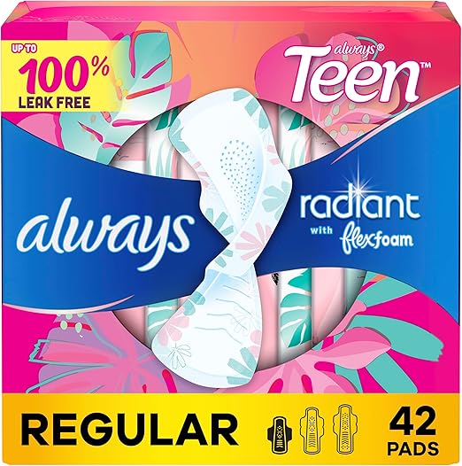Always Radiant Teen Pads, Size 1, Regular, with Wings, Unscented, 42 Count
