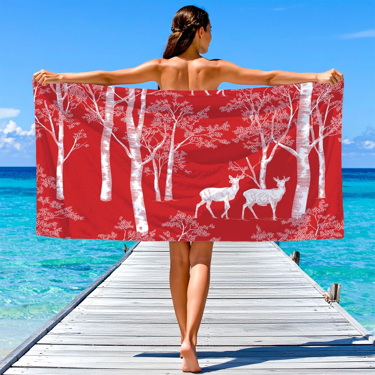 Générique Serviette de Plage Microfibre 230 x 210 CM,Drap de Plage Nordique, Forêt, Silhouette, Couverture de Plage Absorbante,Couverture de Bain Bouleaux, Rennes, Silhouettes