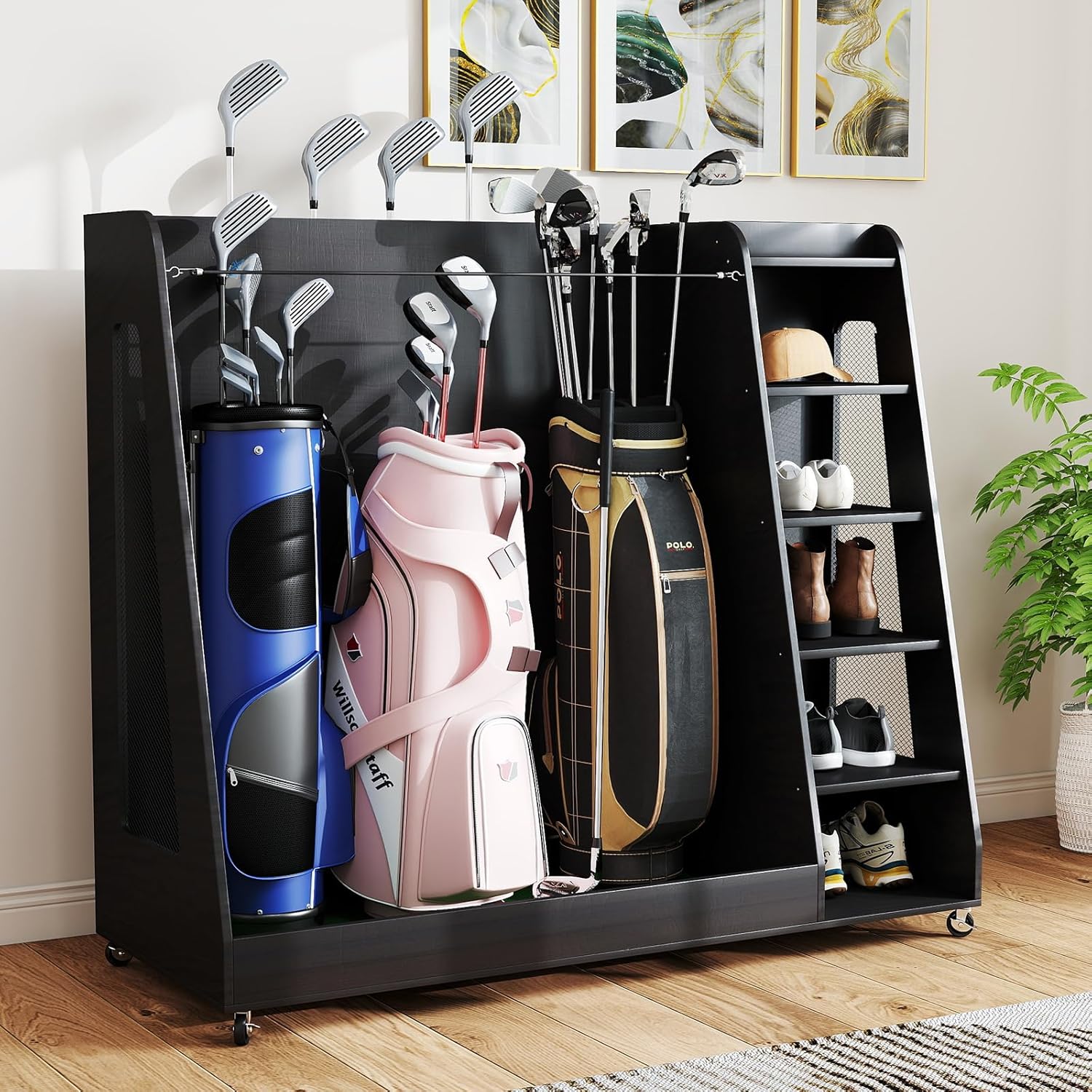 Zevemomo Wooden Golf Bag Organizer for Garage, Large Golf Storage Organizer Holder, Golf Club & Golf Equipment Storage Stand Rack for Golfers, Holds 2 or 3 Golf Bags, Black, Brown, Grey Finish