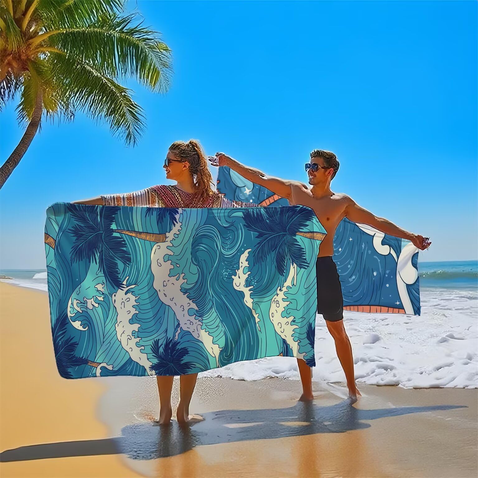 Serviette de Plage 90x200cm, Bleu Serviette Microfibre Lot de 2 Flots Motif Ultra Absorbantes Séchage Rapide Anti Sable Légère Drap de Plage avec Bouton Pression Design pour Piscine Voyages, Model446