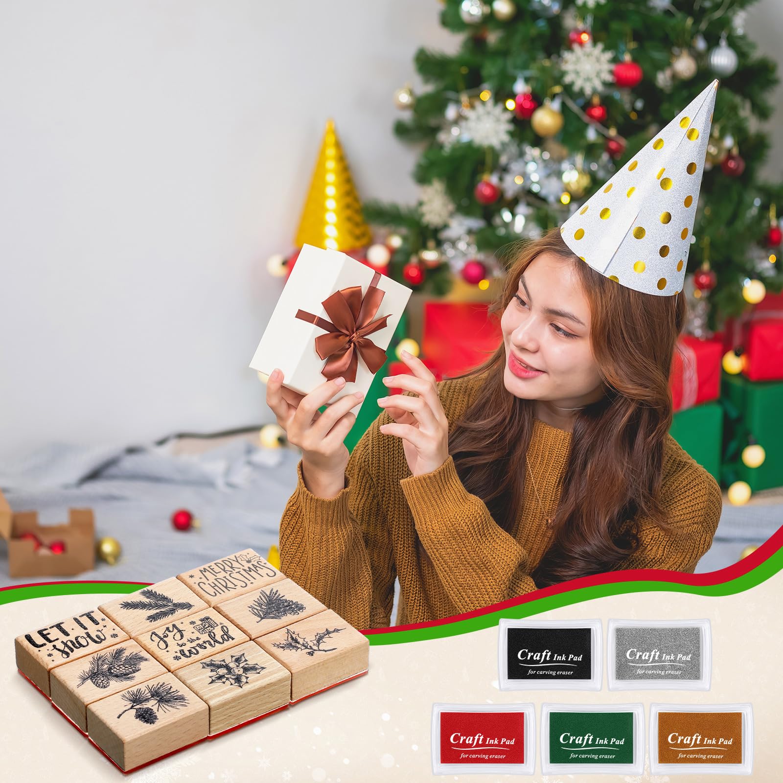 Watersay Juego de 14 sellos de goma de Navidad y almohadillas de tinta para manualidades, 9 sellos de goma de Navidad de madera, 5 almohadillas de tinta para manualidades, tarjetas de bricolaje y