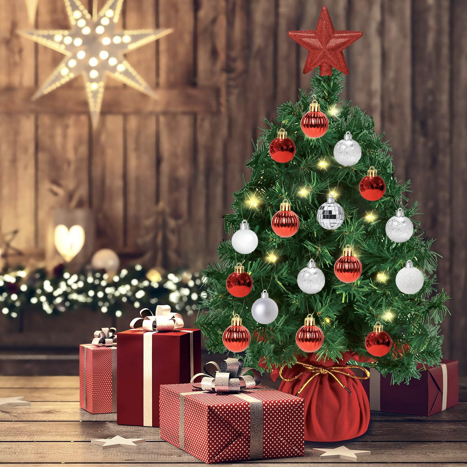 30 Stück Mini Weihnachtskugeln mit Aufhänger,3CM Klein Christbaumkugeln Rot & Weiß Kugeln Mini Weihnachtsbaum Tisch-Weihnachtsbaum Dekorationsset