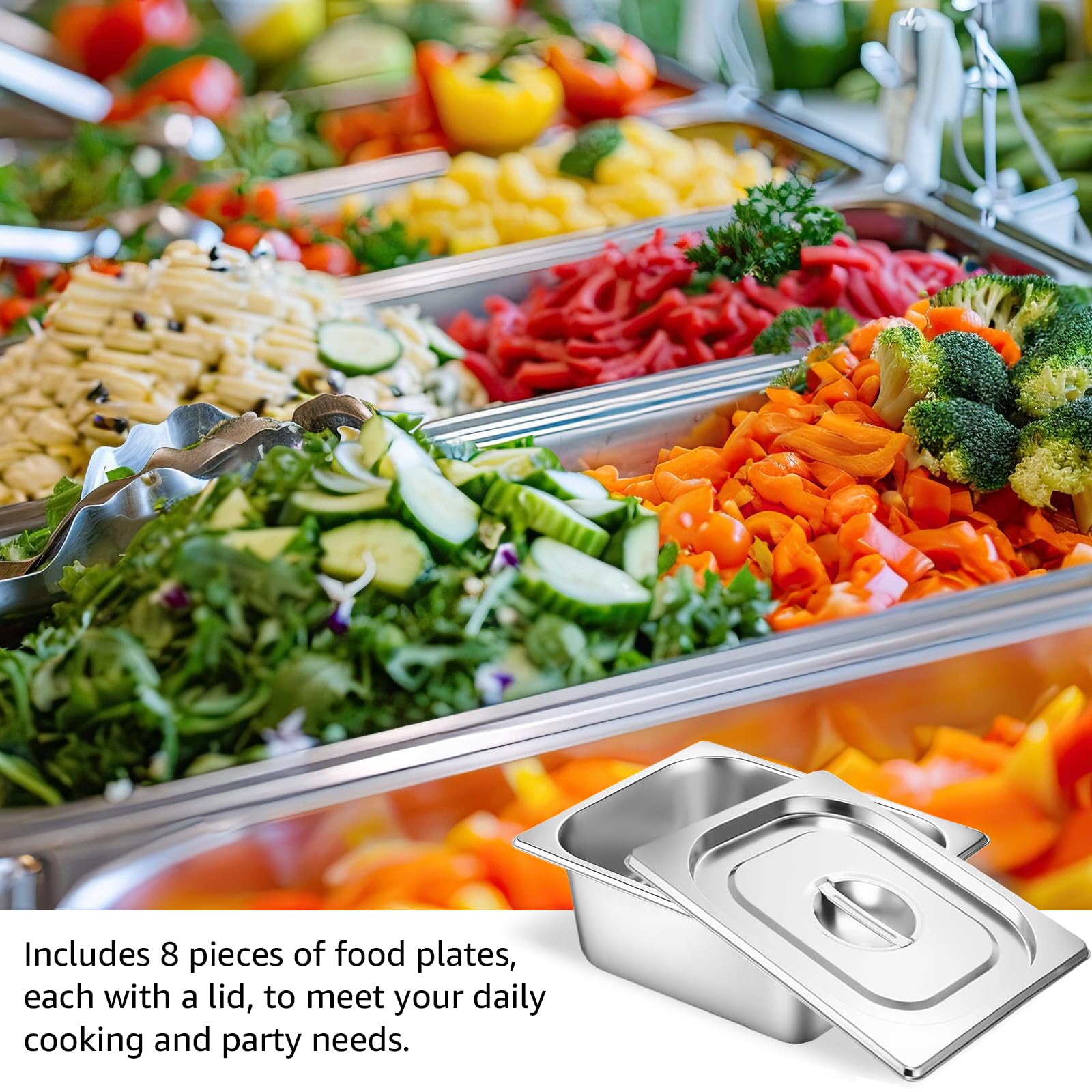 8 contenitori GN 1/2, in acciaio inox con coperchio, contenitore per alimenti, 32,5 x 26,5 x 10 cm, resistente al calore, impilabile, per alimenti, torte, hotel