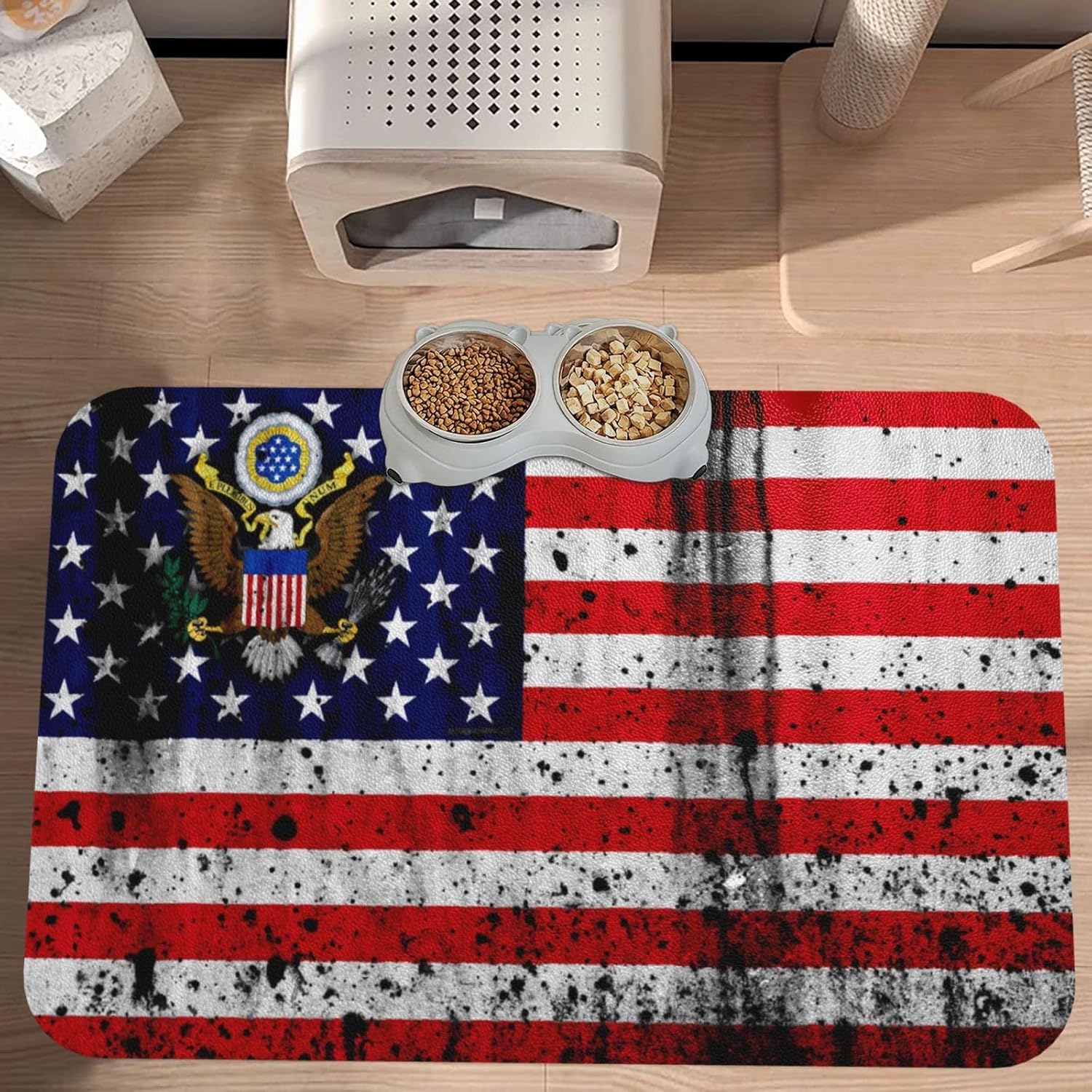 American Flag Pet Feeding Mat-Absorbent Quick Dry Pet Cat Dog Food Mat Non Slip Waterproof Rubber Dish Placemat