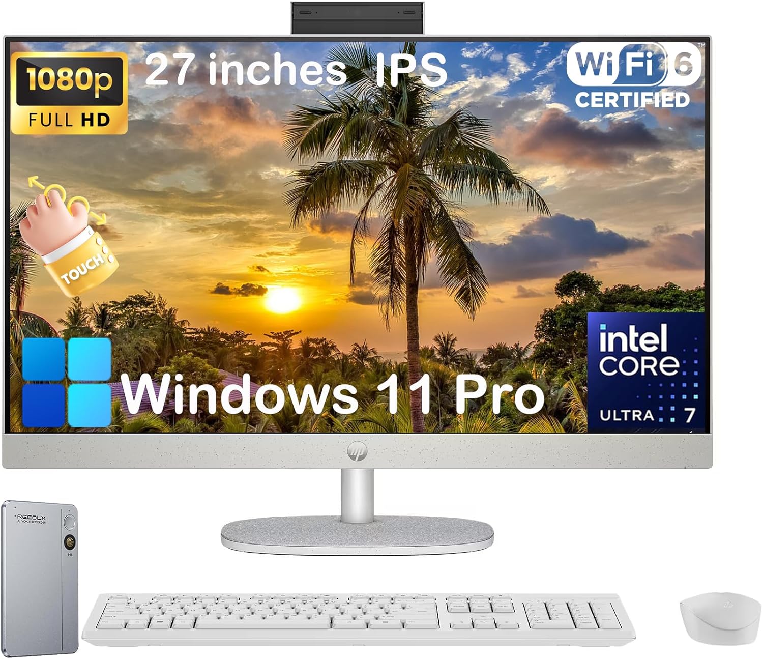 HP 27" Touchscreen All in One Desktop Computer, Intel Ultra 7 255U, 27 inch FHD Touchscreen Anti-Glare Display, 64GB DDR5, 4TB SSD, Intel AI Boost (12 NPU Tops), Windows 11 Pro, Wireless KB & Mouse