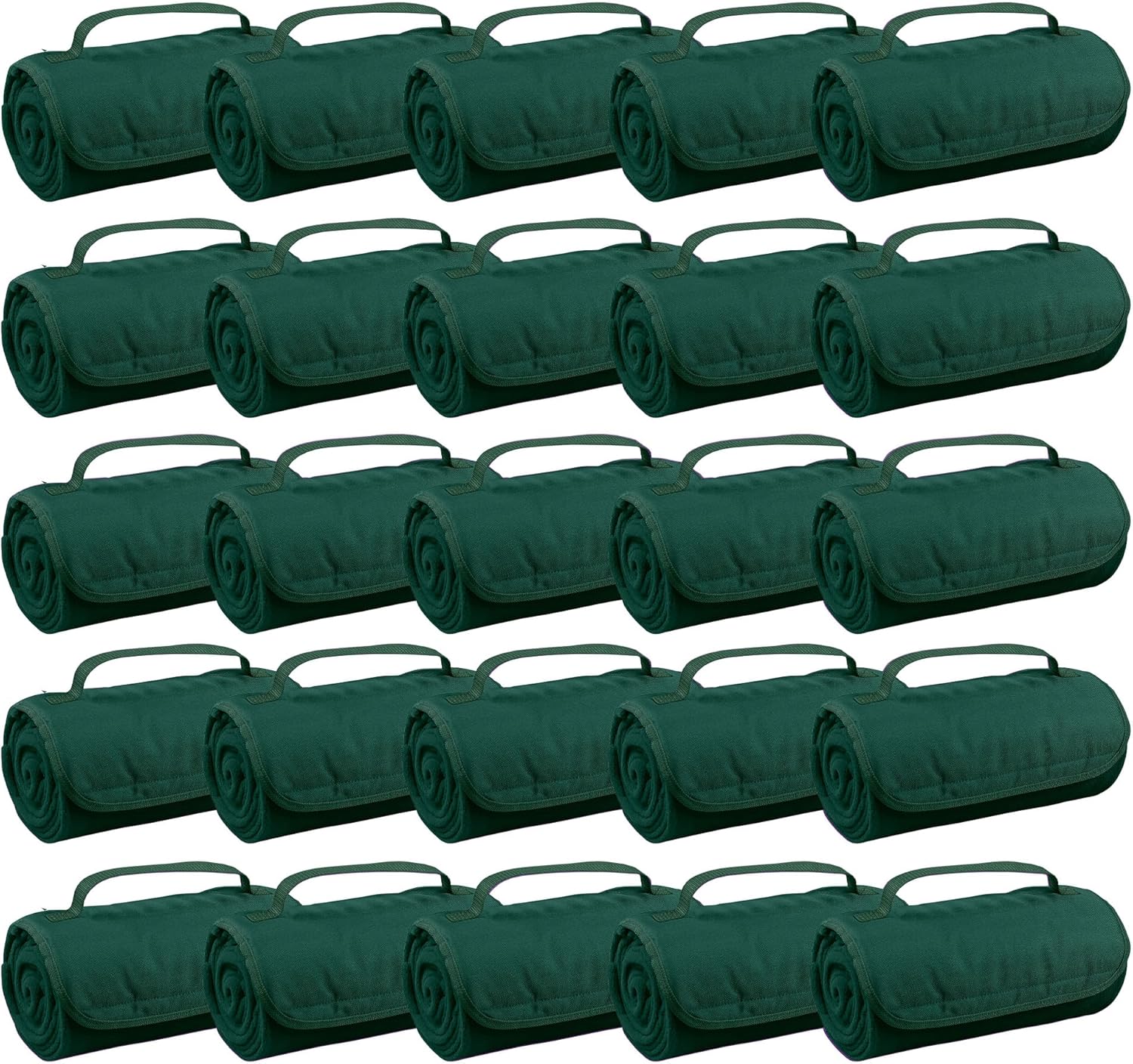 25 Ct of Roll-Up Blankets for Camping, Travel, Outdoors, Beach, Picnics – Hunter Green – Hook + Loop Closure for Easy Use in Cars & on Airplanes – Customizable for Promotions & Events
