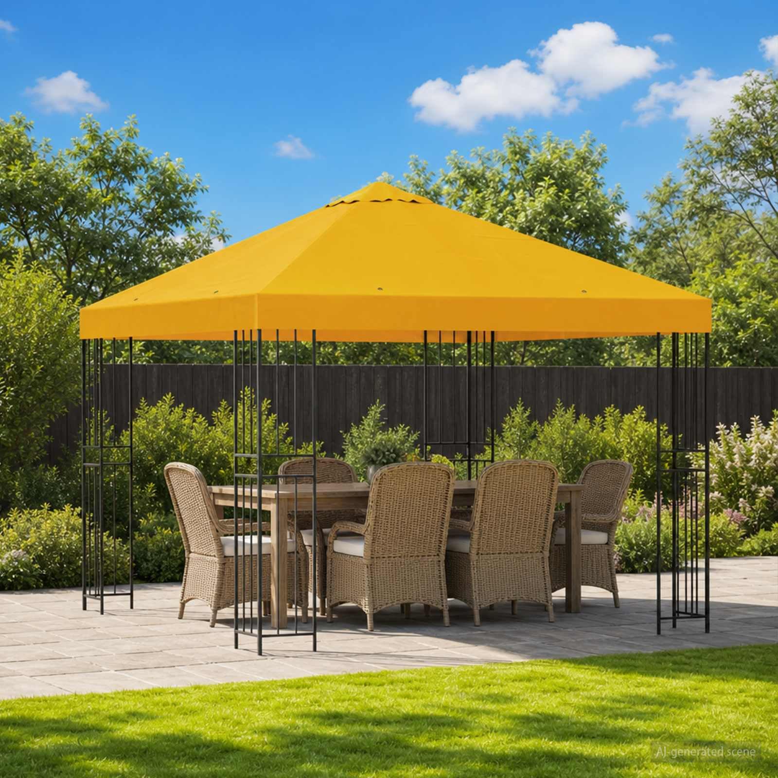 Pavillon Garten 3 x 3 m Gelb Polyester und Stahl 190 GSM, Garten Gazebo mit PA beschichtetem Dach, Belüftung, Regenschutz, Sonnenschutz, 300 x 300 x 276,5 cm für Terrasse