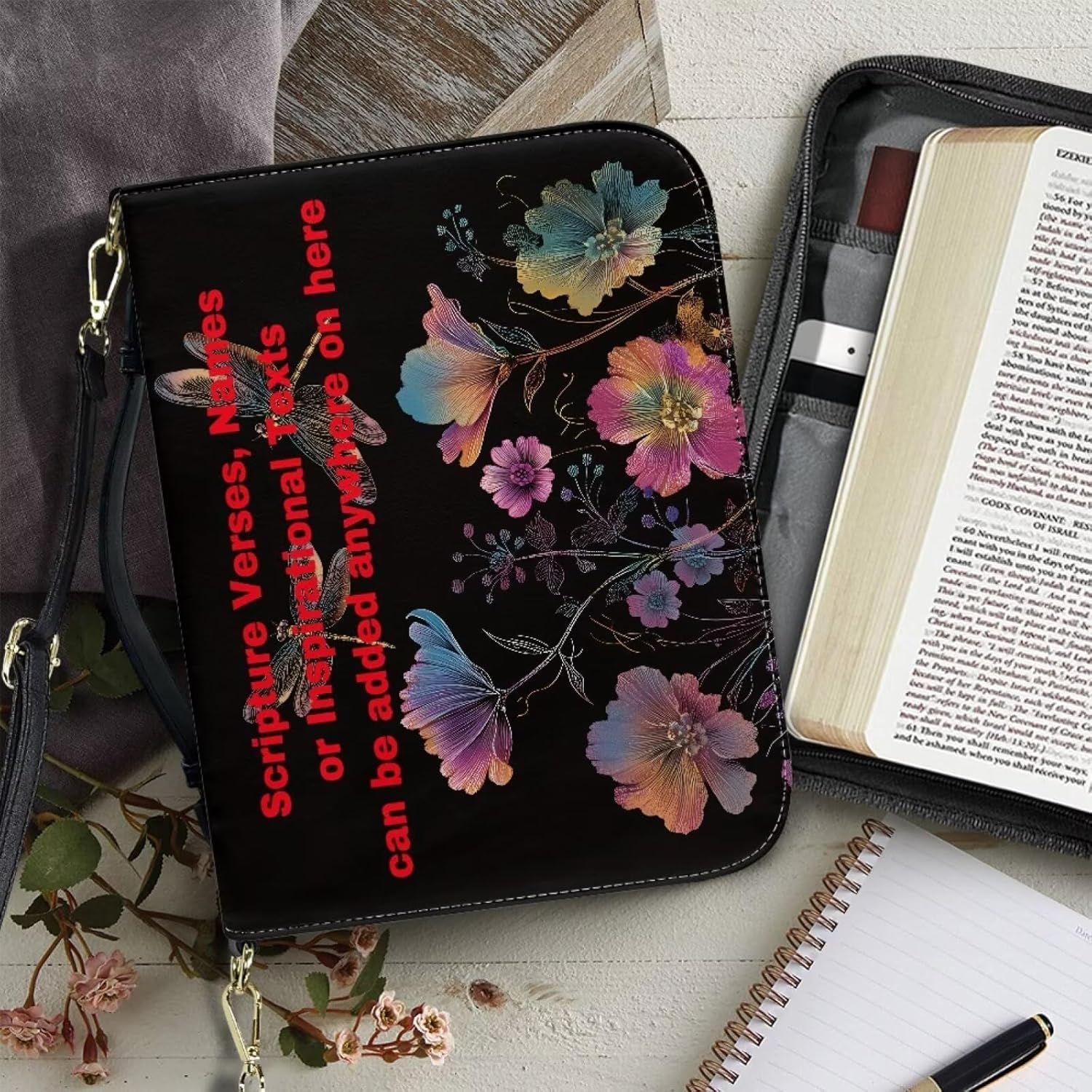Custom Leather Bible Cover with Detachable Shoulder Strap, Carrying Book Case Church Bag Bible,Bible Study Accessories Supplies, Book Protector for Book Lovers,Dragonfly and Flower, X-Large Size