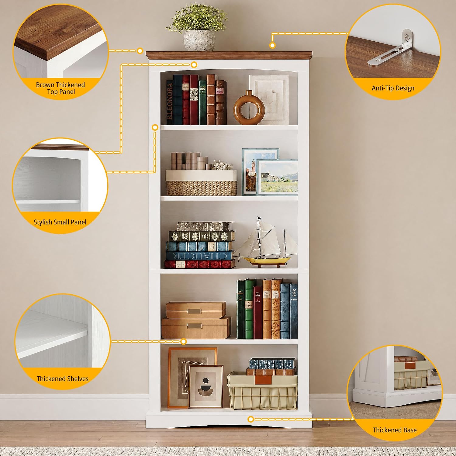 IRONCK 5 Tier Farmhouse Bookcase, 70.9" Tall White Bookshelf with Brown Top and Side Brace Panels, Large Open Display Storage Shelf for Living Room, Bedroom, Home Office, Entryway
