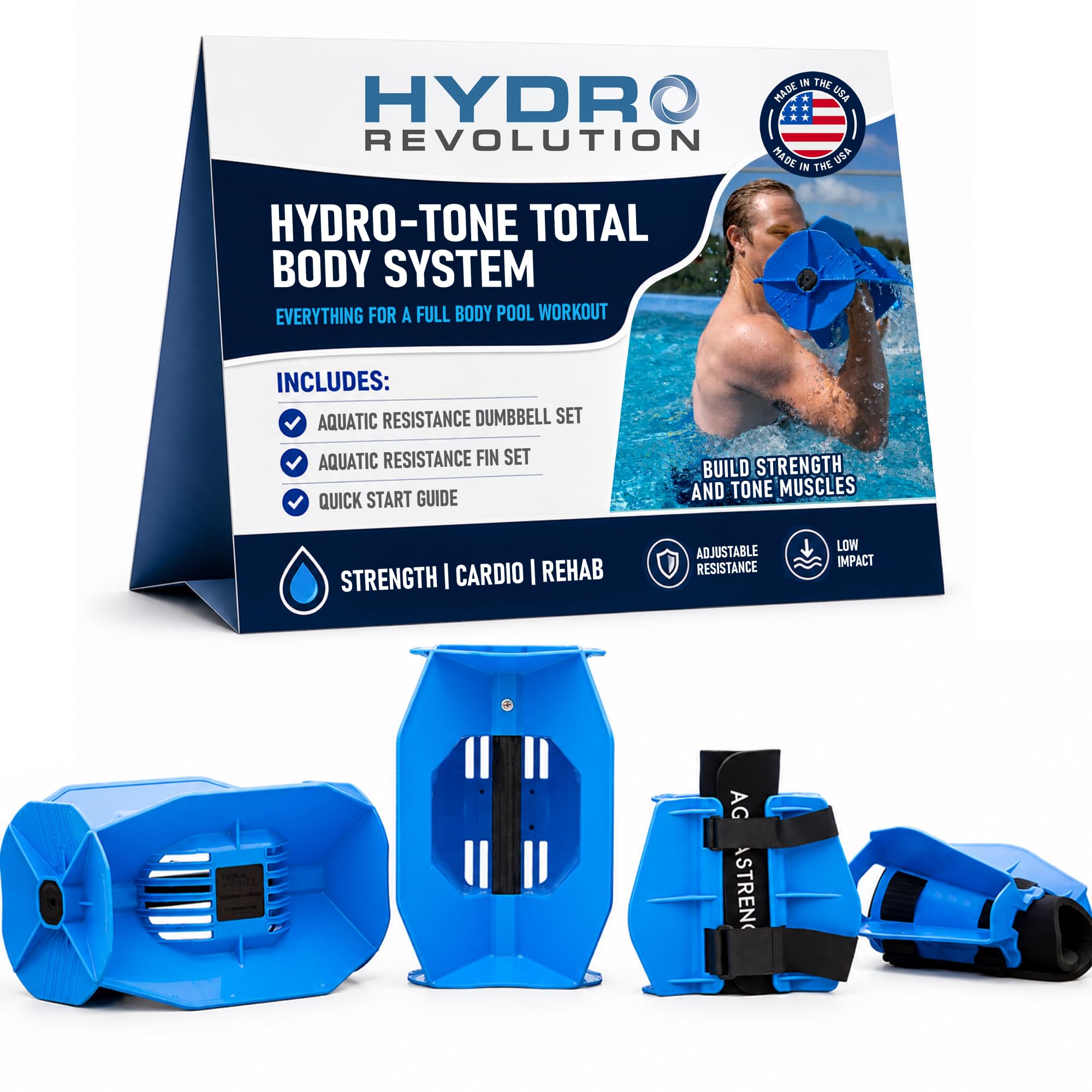 Aquastrength Hydro-Tone Total Body Pool Exercise System, Isokinetic Functional Water Weights, Bells 12" x 7.5", Fins 6.5" x 2.5", Quick Start Guide Included