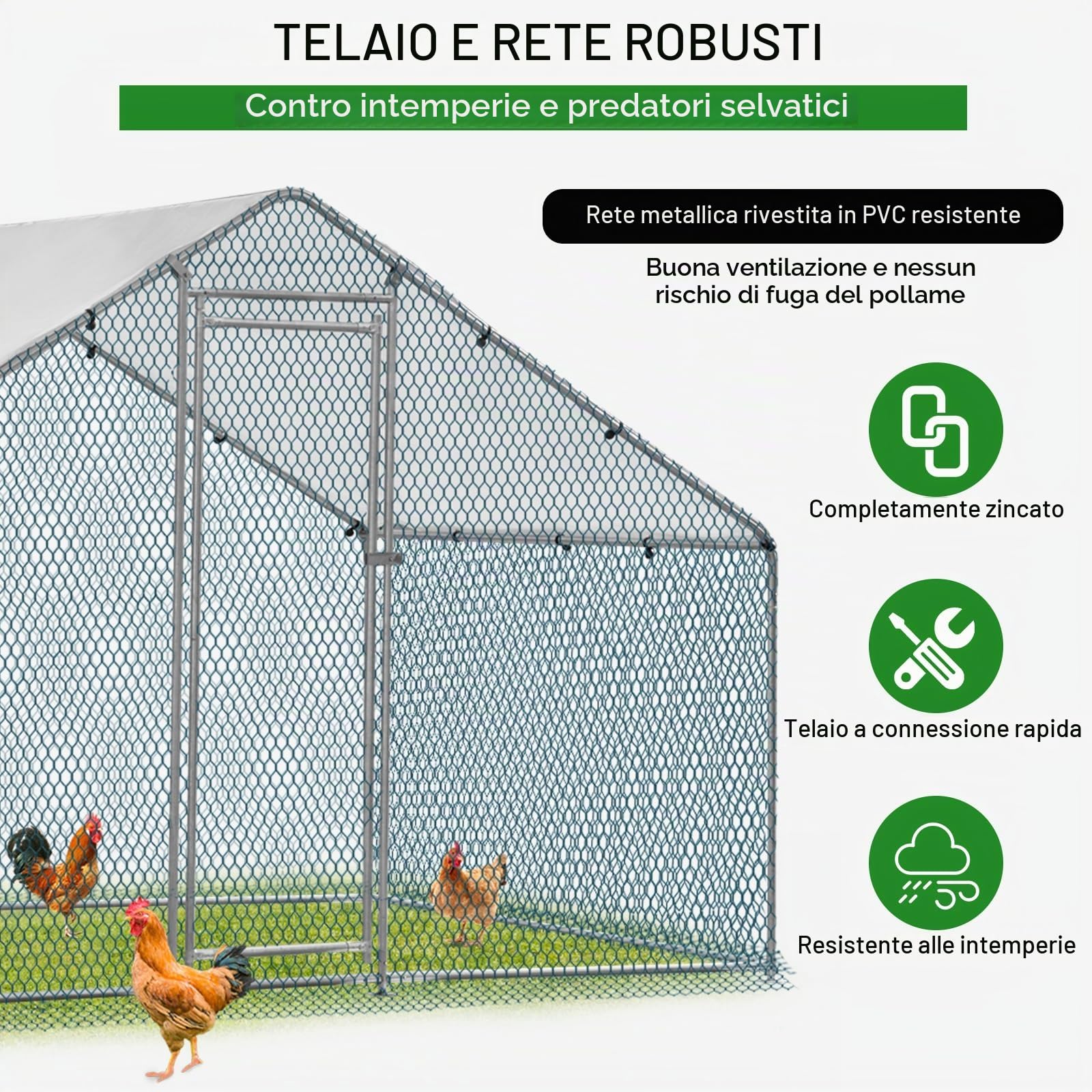 LEADZM Pollaio, 2 x 2 x 2 m, recinti a ruota libera, 4 m², grande recinto per polli con PE impermeabile, in acciaio zincato, tetto a punta