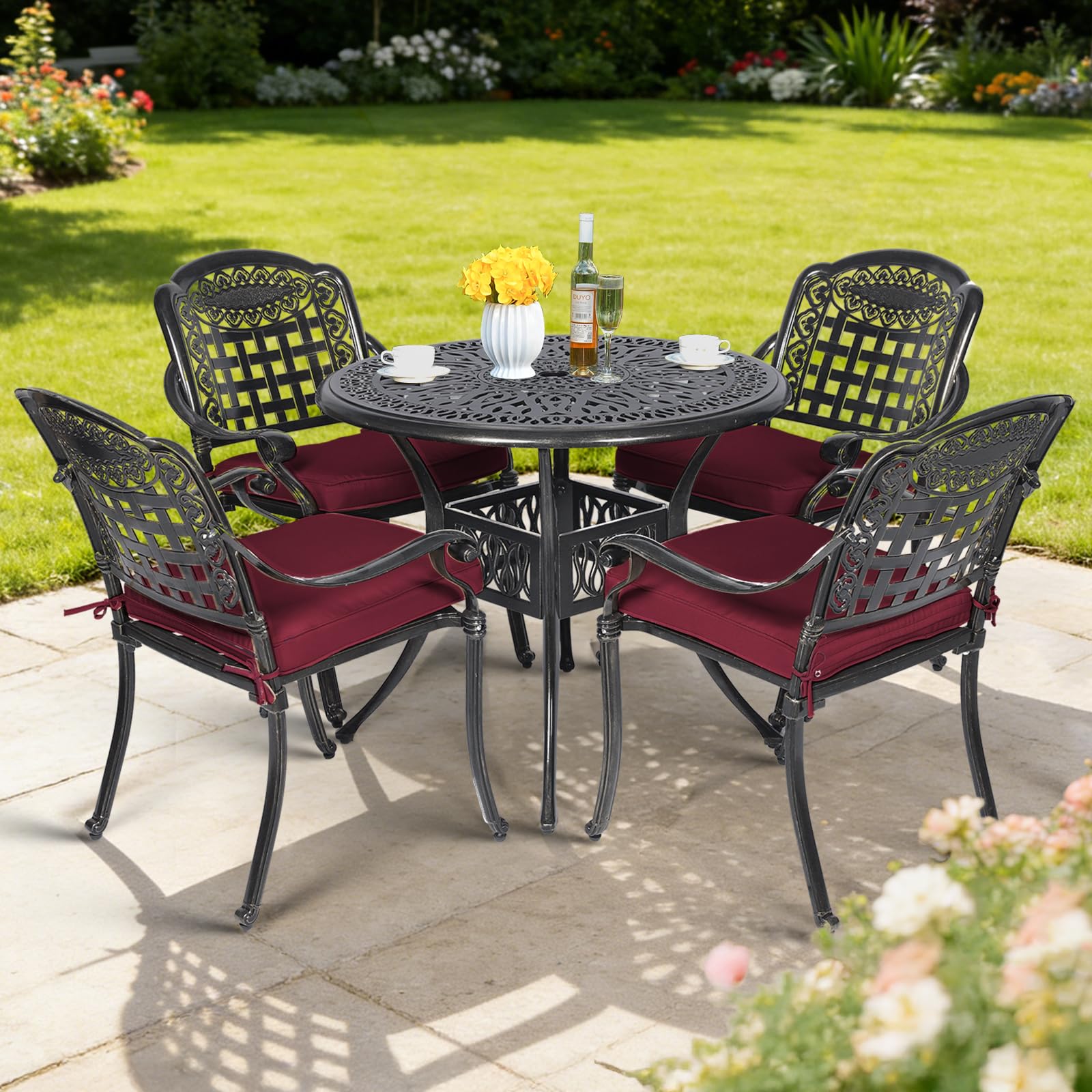 MEETWARM 5 Piece Patio Dining Set, Outdoor All-Weather Cast Aluminum Dining Table Set, Patio Furniture Set for Backyard, Include 4 Chairs with