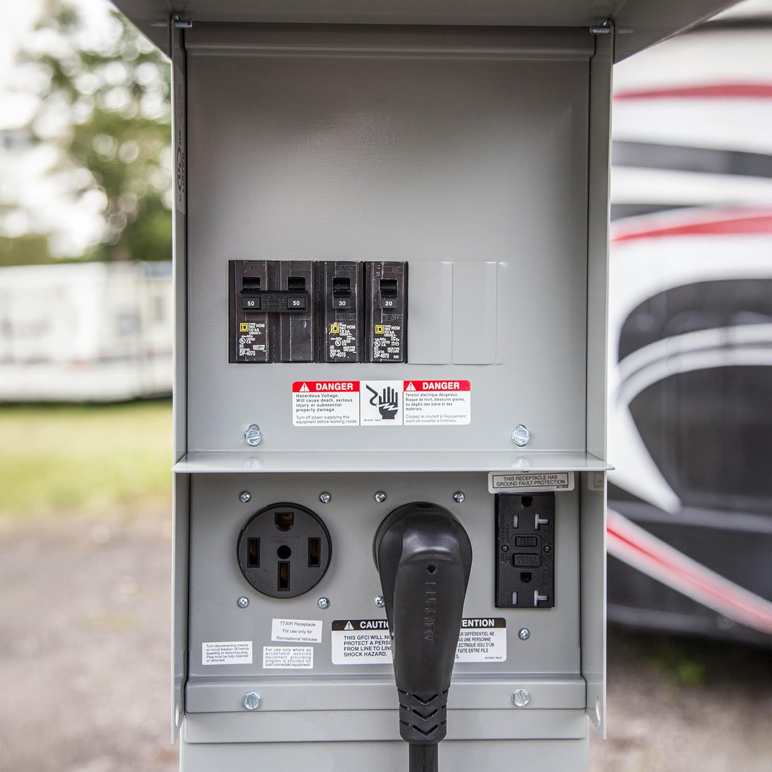 Direct Burial Unmetered Pedestal Mount RV Power Outlet – 50/30/20 Amp Electrical Panel, NEMA 3R Weatherproof Enclosure, ETL Certified, Made in the USA by Jamestown Advanced Products