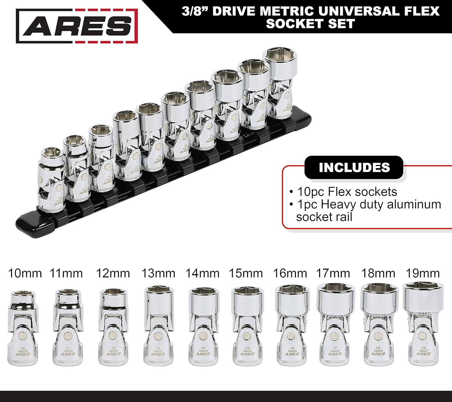 ARES 39015 – 10-Piece 3/8-Inch Drive Metric Universal Flex Socket Set – 6-Point Sockets from 10mm to 19mm - Universal Joint Flex Design For 360 Degree Access – High Visibility Laser Markings