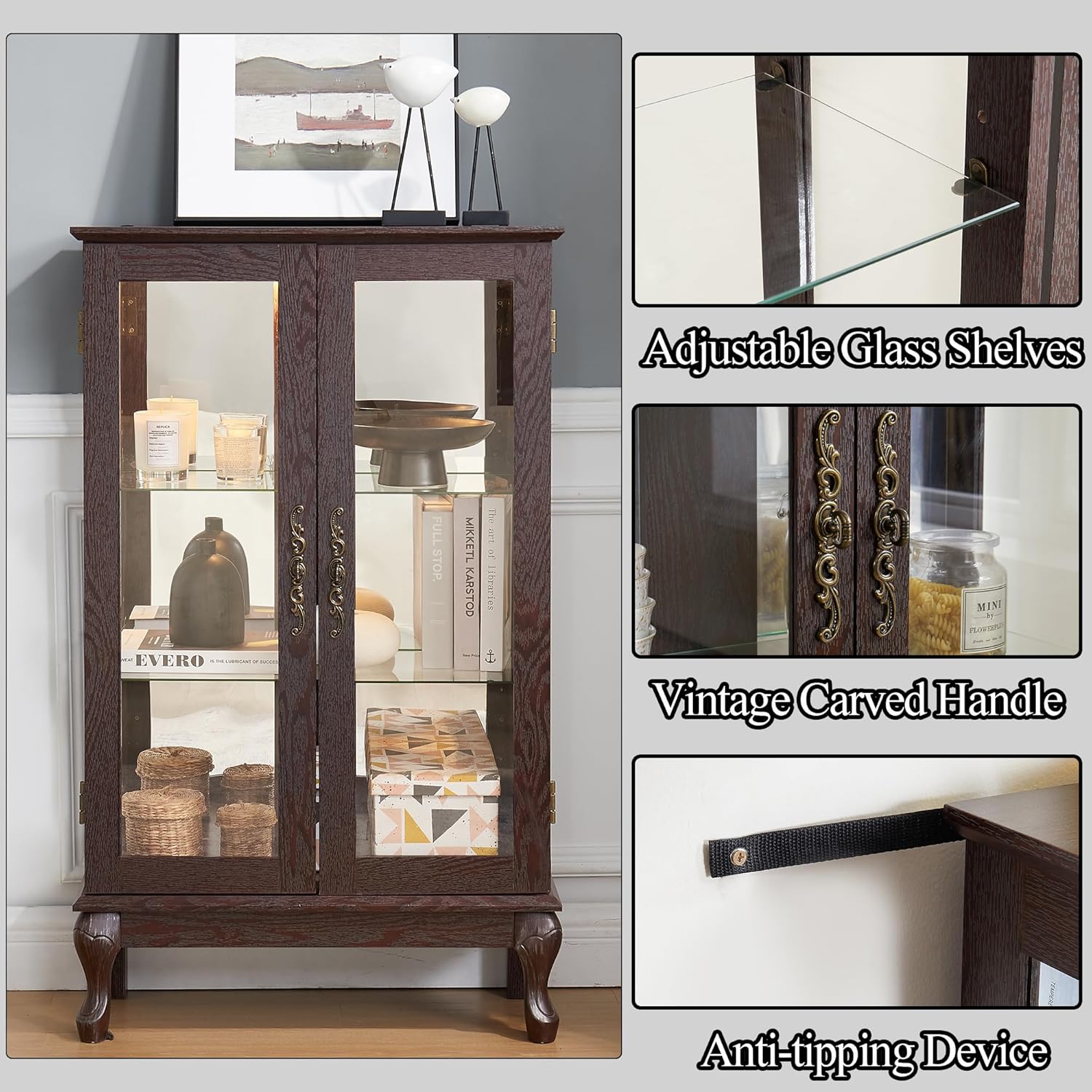 43"H Lighted Display Curio Cabinet, 3-Tier Glass Accent Storage Cabinet Curio Showcase w/ 2 Doors & Adjustable Shelves, Wine Artwork Storage Rack w/ Mirrored Back Panel for Living Room (Dark Cherry)