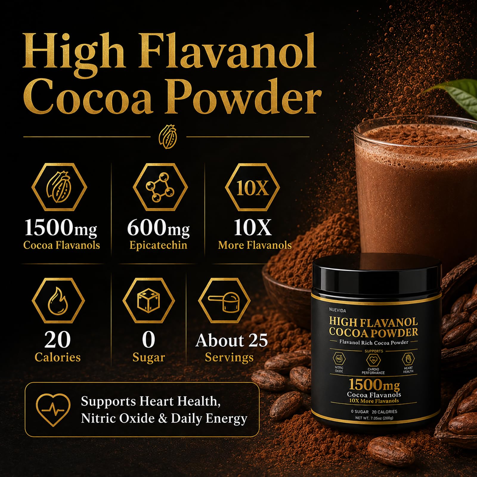 High Flavanol Cocoa Powder, 1500 mg Flavanols & 10X Concentrated Cocoa Extract with 600mg Epicatechin, Supports Heart Health, Nitric Oxide & Energy – Used To Relieve Afternoon Fatigue — Amazon image 4