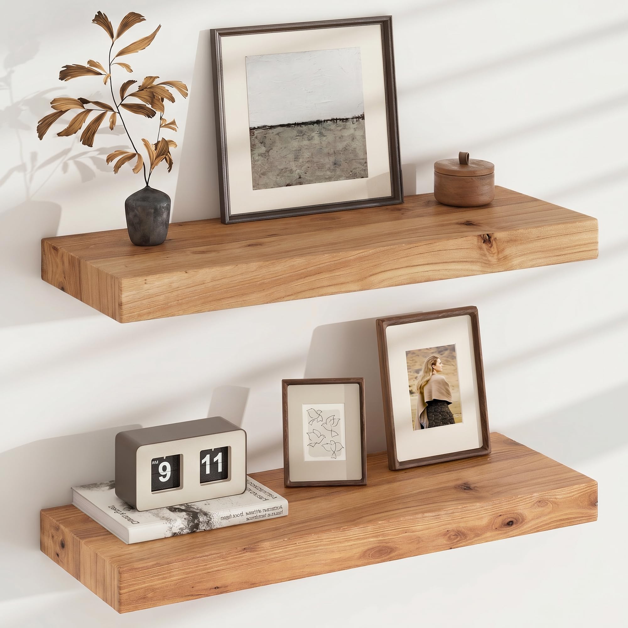 FLYJOE Floating Shelves for Wall, USA-Sourced Elm Wood 24 Inch Wall Shelves Set of 2, Natural Wooden Mounted Picture Ledge Shelf, Nursery Book Storage Shelf Kids Bookshelf Display, Shelf for Bathroom