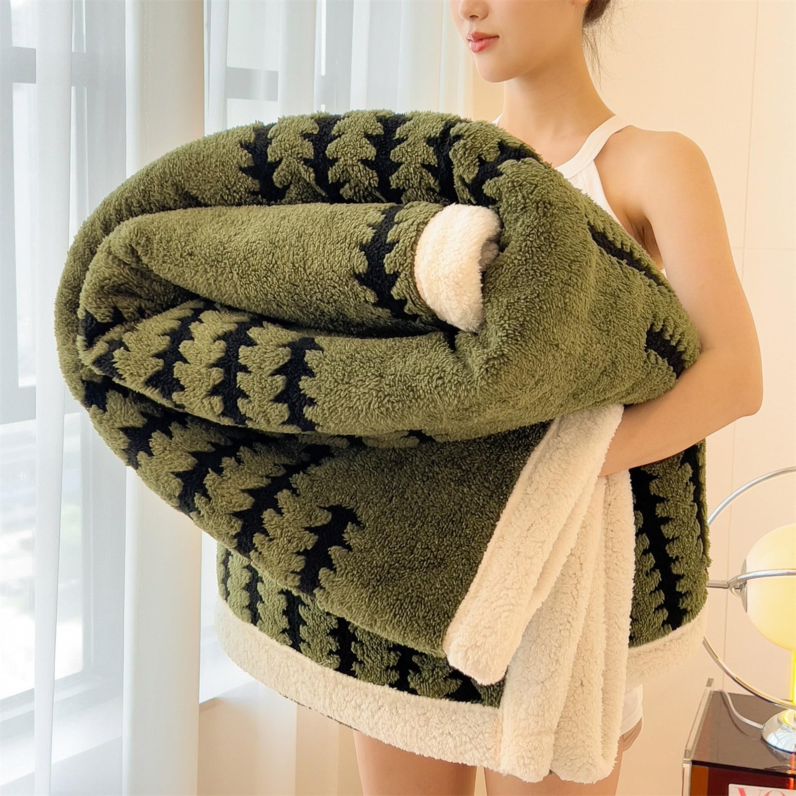 Reversible Flannel for Beds 100/120/150/180/200 cm, Fluffy Blanket for Sofa, Thick Shearling, Soft, Warm, Breathable for Winter (Green, 180 x 200 cm)