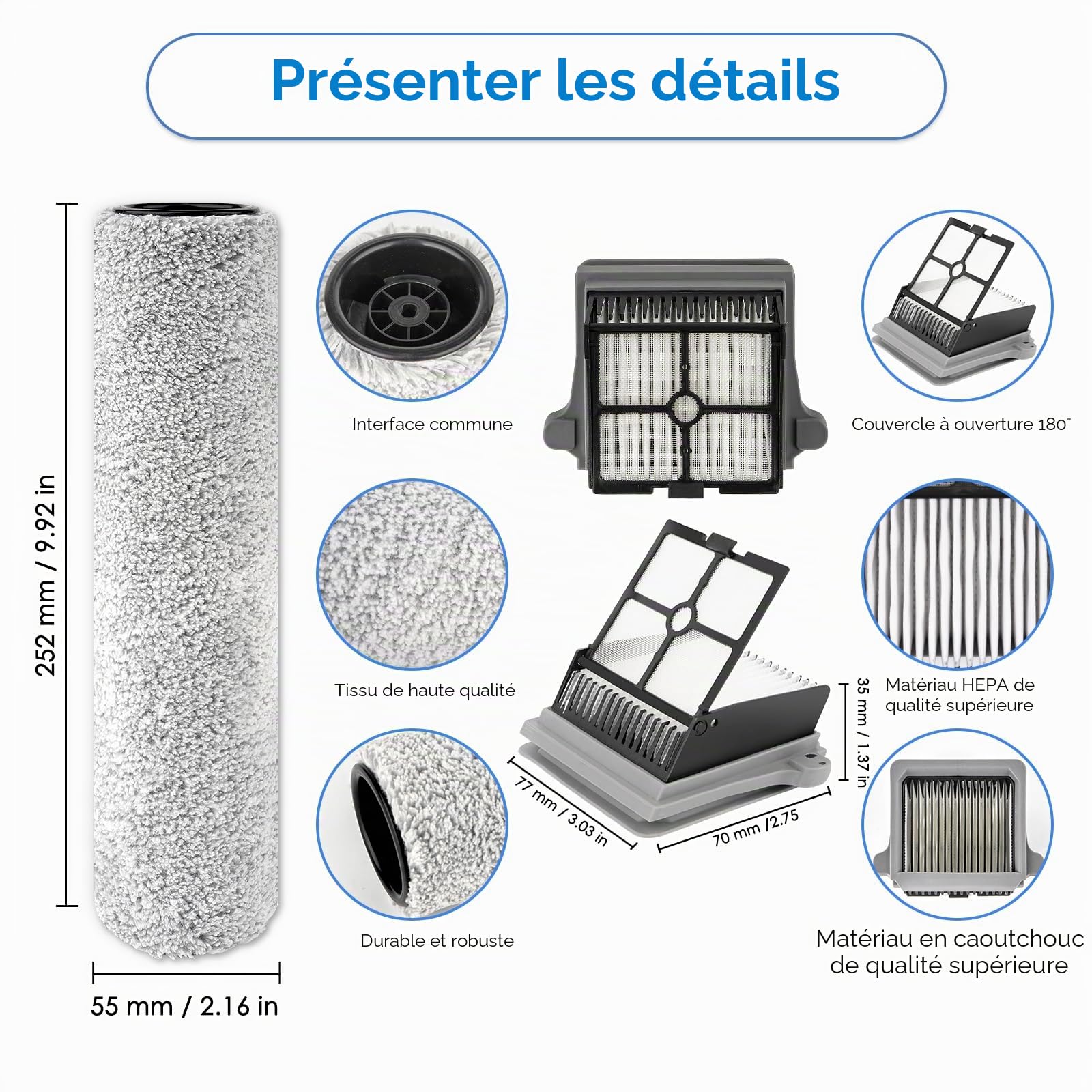 【Version 2, rouleau amovible】(6 pièces) S7 Pro rouleaux brosses et filtres HEPA pour aspirateur Tineco Floor One S7 Pro, Floor One S6, 3 rouleaux et 3 filtres (à l'exception de la poignée)