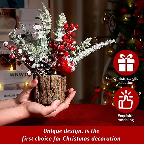Miniatura 2 de Pequeño árbol de Navidad artificial de mesa, mini decoración de árbol de Navidad con adornos navideños, conos de pino de bayas rojas, vegetación