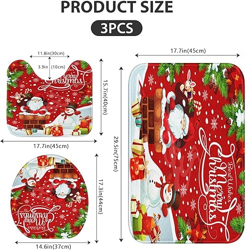 Miniatura 2 de ArtSocket Juego de 3 alfombras de baño de Navidad, tapete de baño de Navidad con diseño de muñeco de nieve rojo, antideslizante, absorbente de