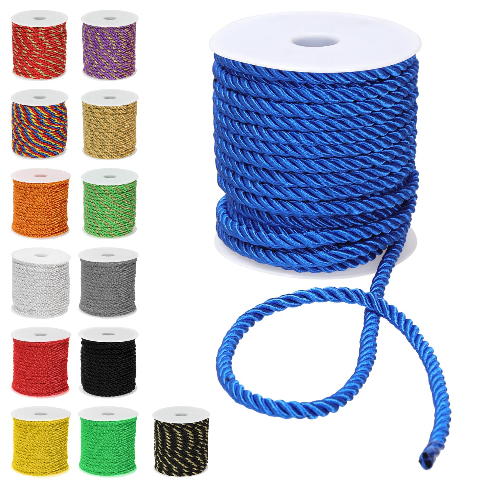 Tanstic 1 Rolle blaues 3-lagiges gedrehtes Dekokordel-Set, 5 mm x 18 m gedrehtes Seil, dekorative Polyester-Seidenkordel zum Nähen und Basteln, Vorhanghalter für die Wohnraumdekoration