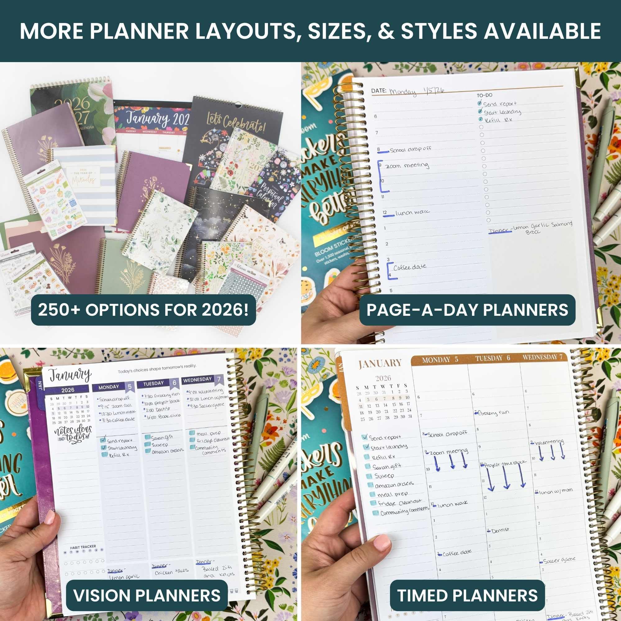 bloom daily planners Planer 2026 (od stycznia do grudnia) - 21,5 cm x 28 cm tygodniowy i miesięczny organizer z naklejkami i zakładkami - elastyczna miękka okładka - Midnight Sky