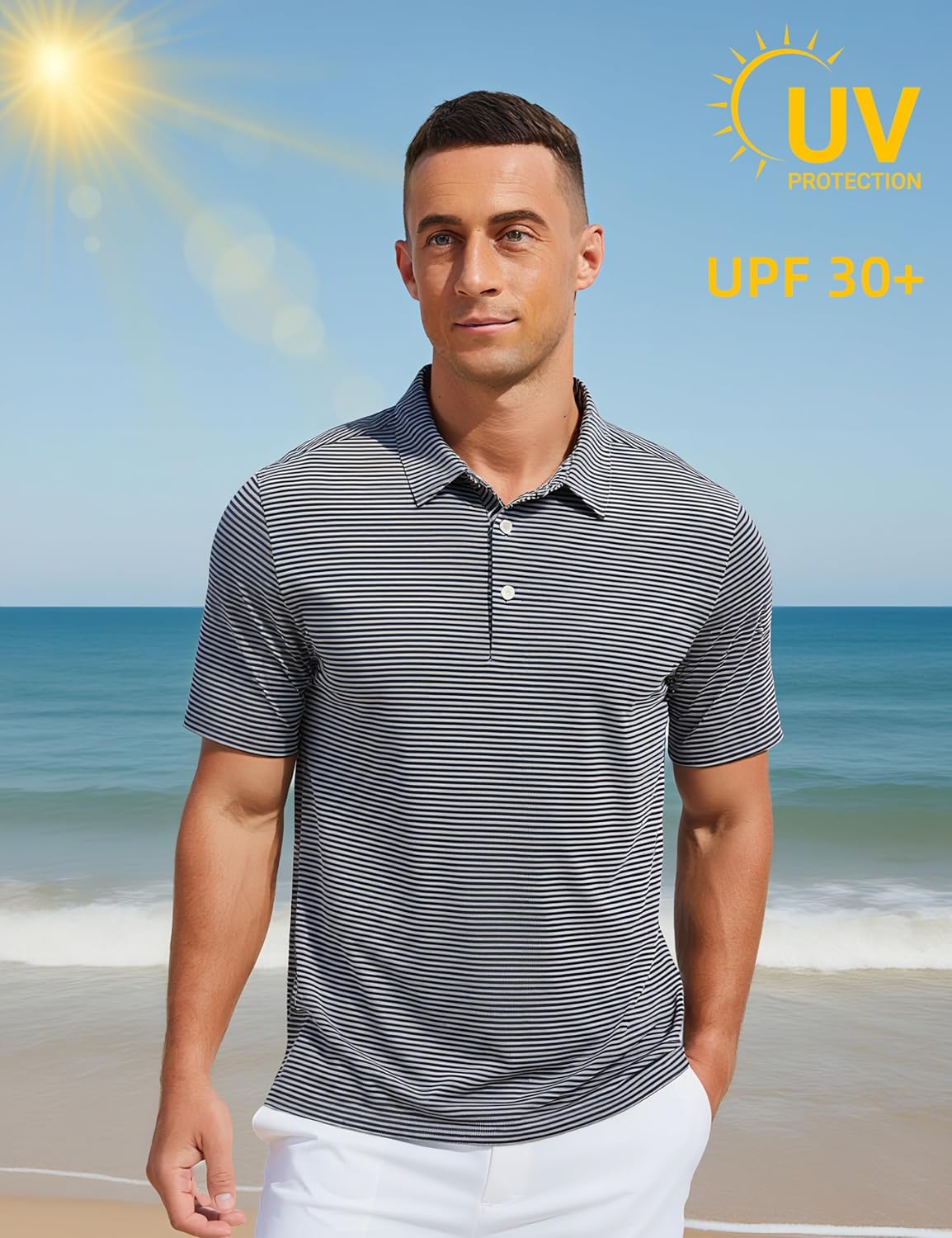 MAGCOMSEN Men's Polo Shirts Short Sleeve Striped Golf Summer Polos Dry Fit Performance Casual Collared Shirt Medium Grey S - Image 2