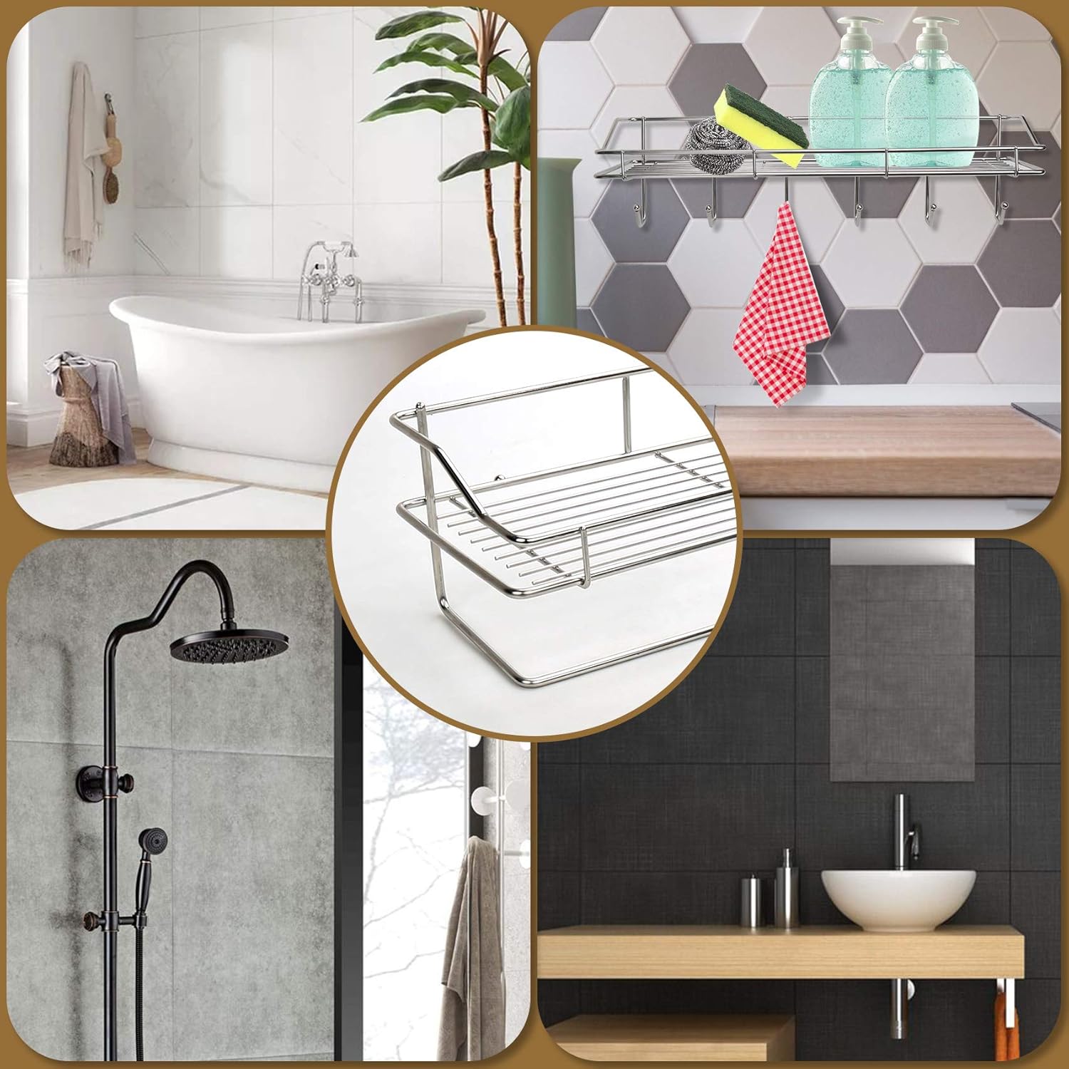 2-Pack Bathroom Shelf Kitchen Storage Organizer Basket Stainless Steel Shower Caddy with Towel Bar 6 Hooks for Shampoo Conditioner Holder Self Adhesives No Drilling (2Pack-Hook and Towel Bar)