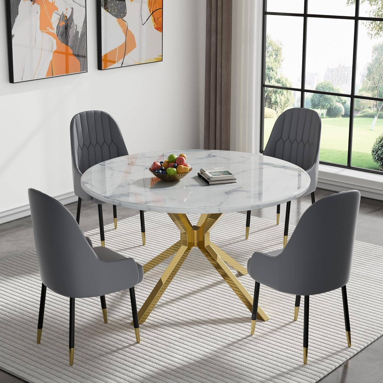 47 Inch White Marble Grain Round Kitchen Table For 4 47 Inch Round ...