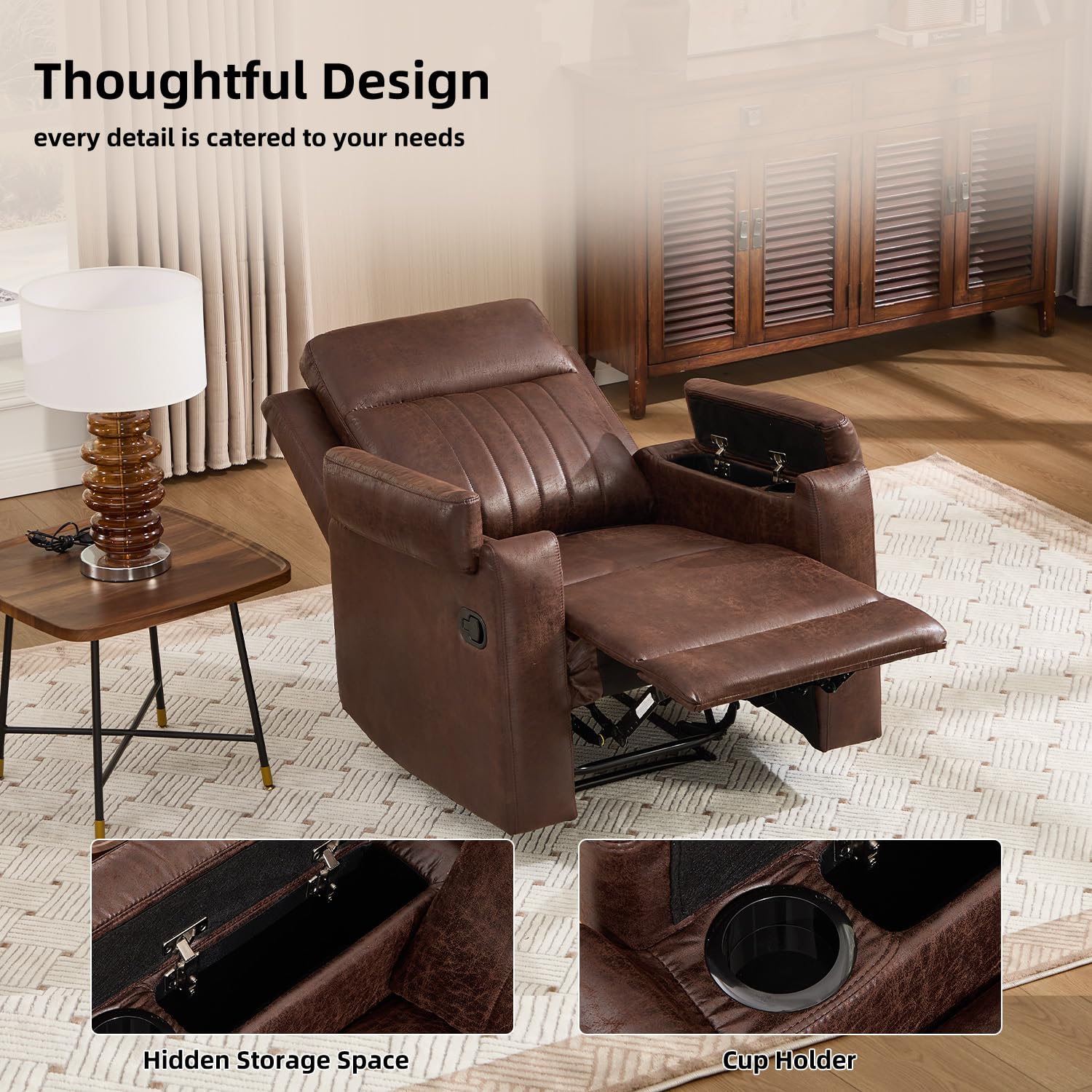 Manual Faux Leather Recliner Chair and 58 Loveseat Storage Cup Holder Red Brown image 9