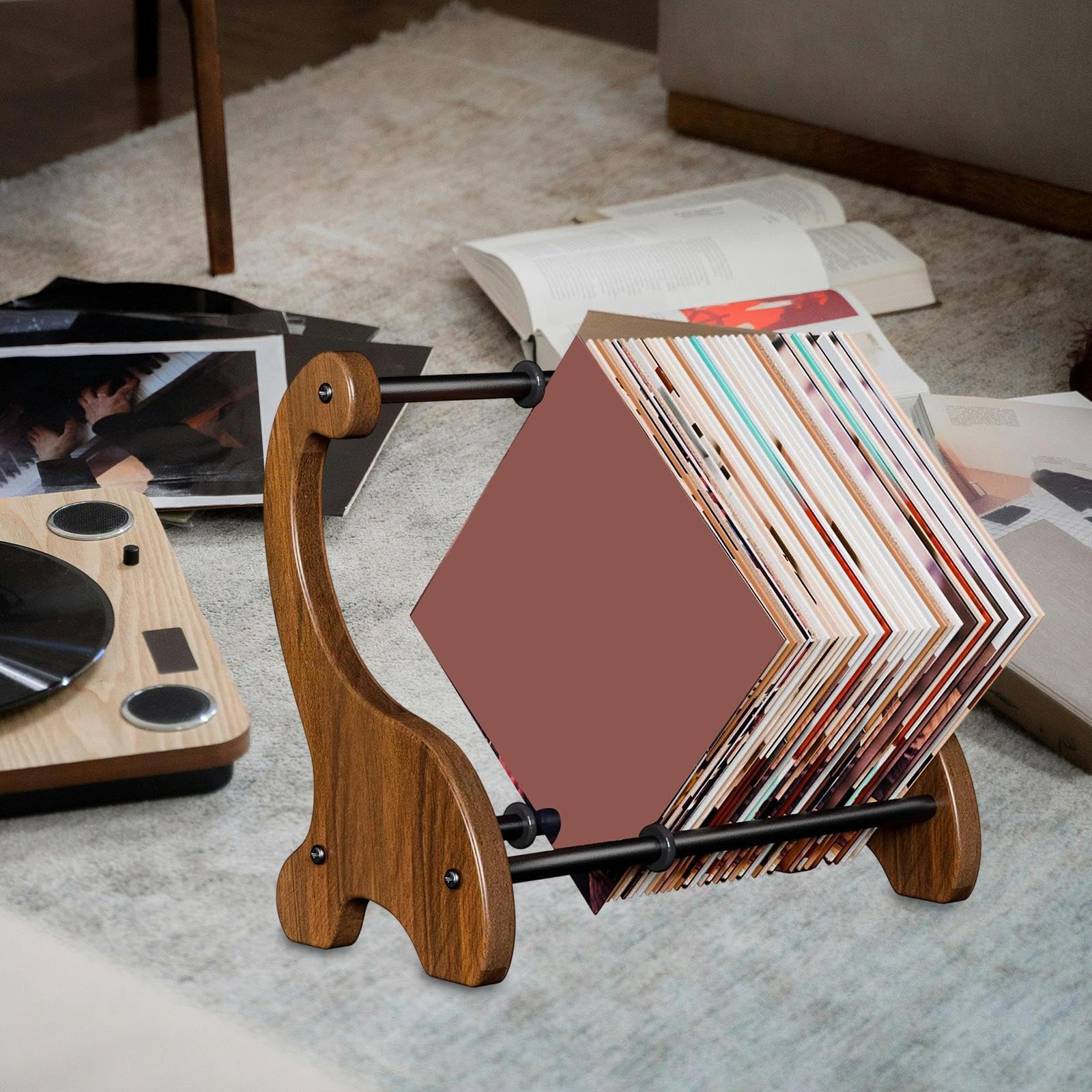 Supporto in Legno per Dischi in Vinile, Moderno Scaffale Da Tavolo per Riporre Riviste, Raccoglitori. Espositore.