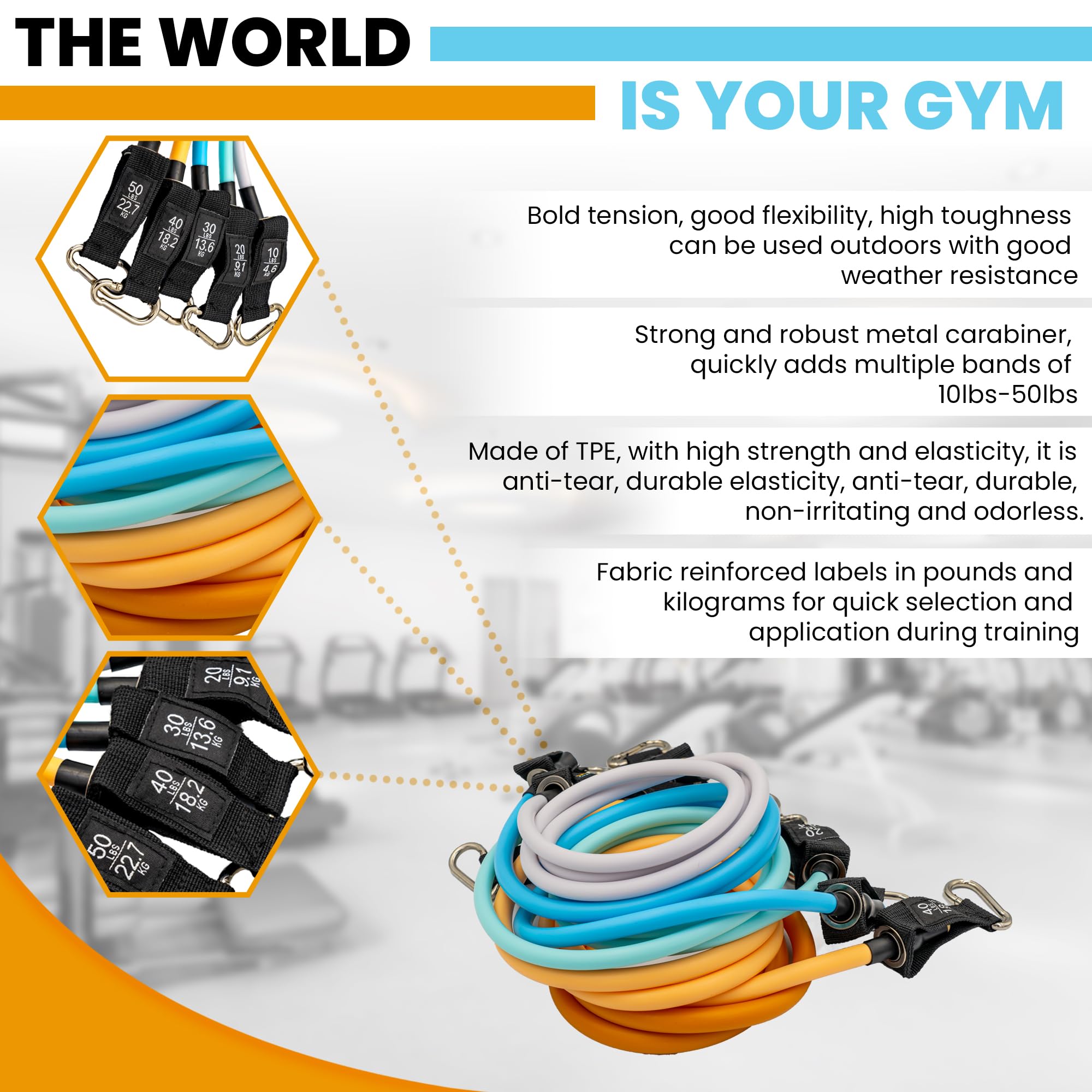 Jennuine Fitness Resistance Bands Set - 5 Bands, Handles, Ankle Straps, 150lbs Total, With Carry Bag & App
