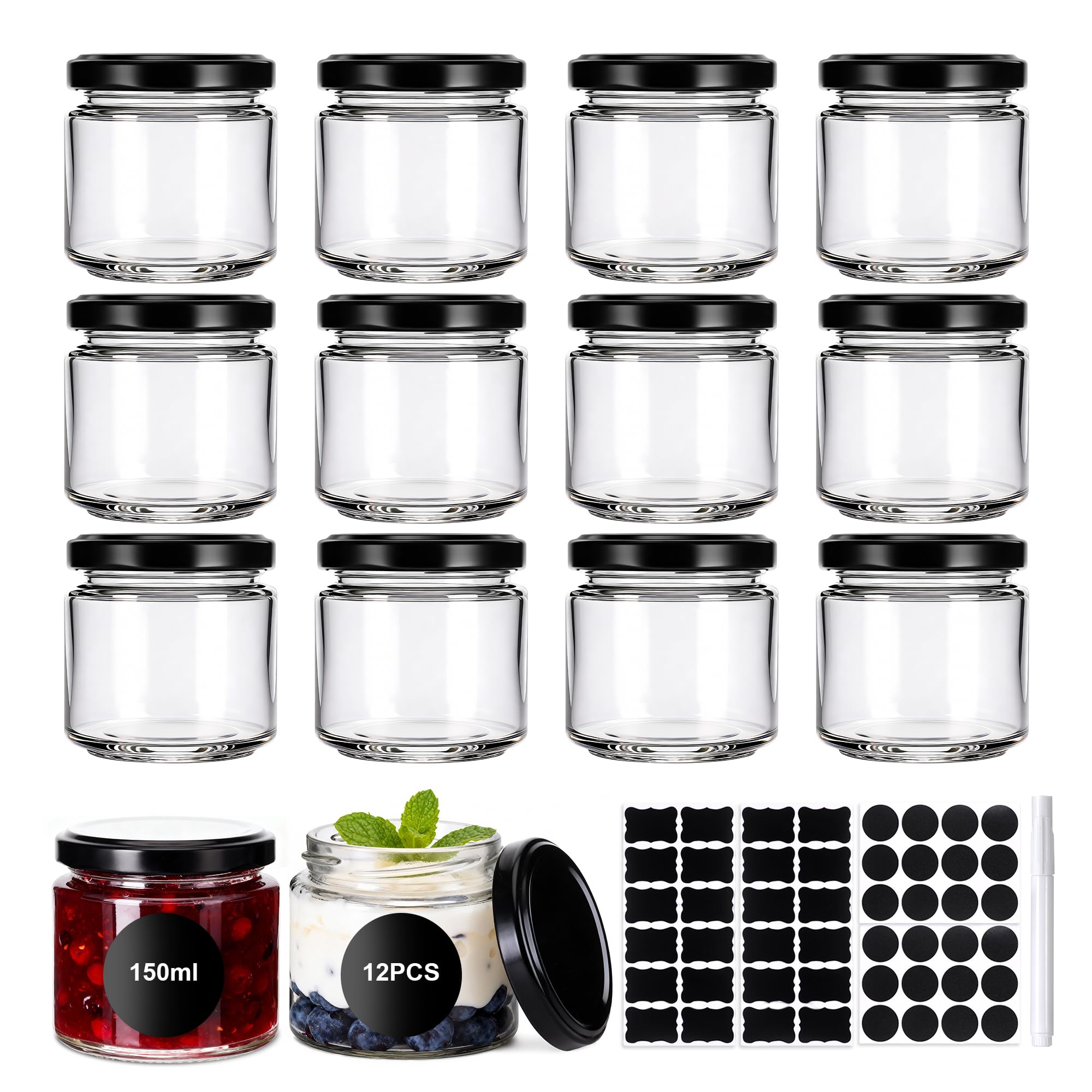 Hejo 12-Pack 150ml Glass Jam Jars with Lids, Reusable Airtight Jam Jars, Clear Mini Storage Jars for Honey, Spices, Pickles, Chutney