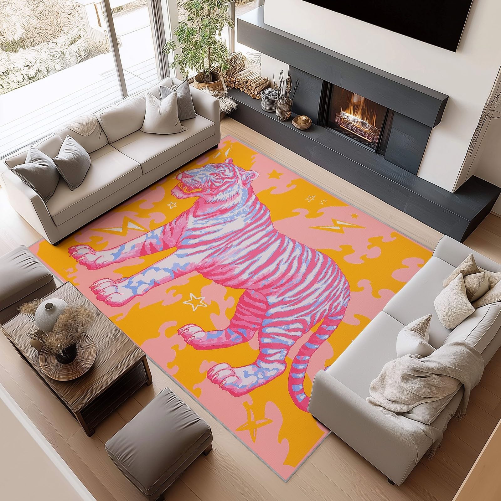 Tapis Tigre Rose pour Salon 200 x 250 cm, Lavable, Fin, Doux et antidérapant, pour Couloir, Chambre ou Bureau, Motif Animal Sauvage