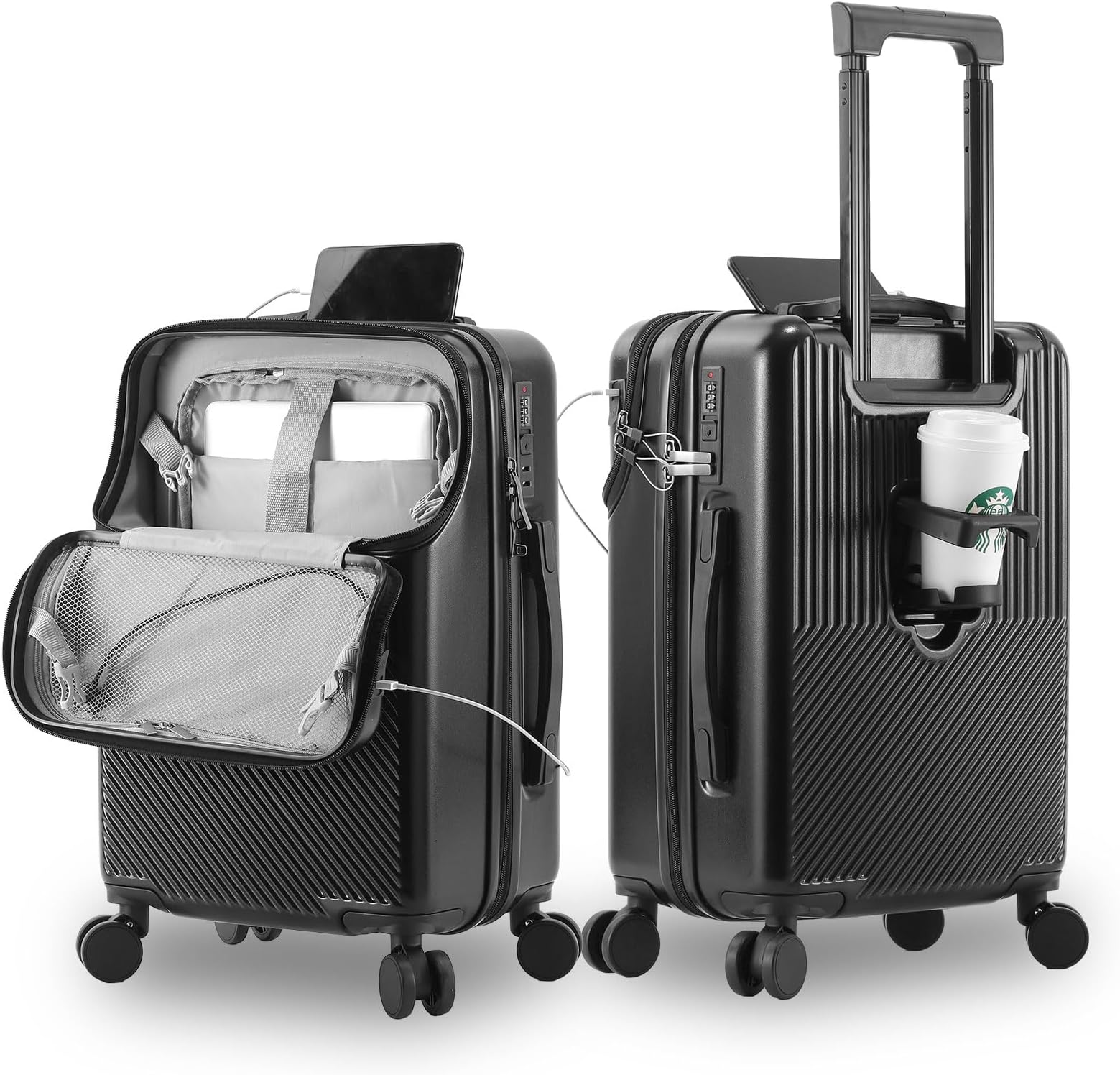 Travel Luggage Carry On Luggage with Combination Lock and 4 Spinner Wheels, Carry On Suitcase with Front Open Laptop Compartment and Pocket, External Rechargeable USB Interface, Alloy Pull Rod, Black
