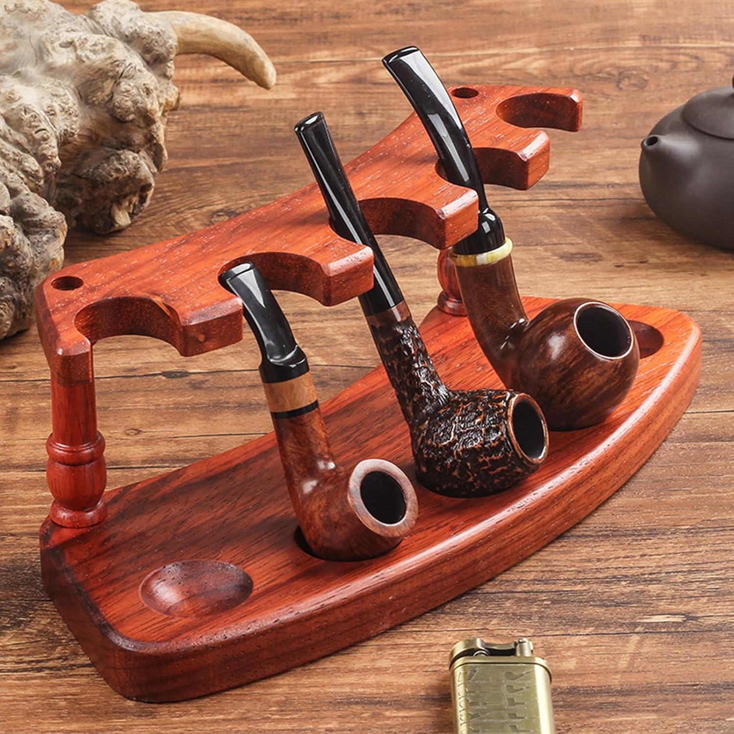 Tobacco Pipe Stand Holder for 5 Smoking Pipes, Wood Pipe Rack Display 5 Slots Design