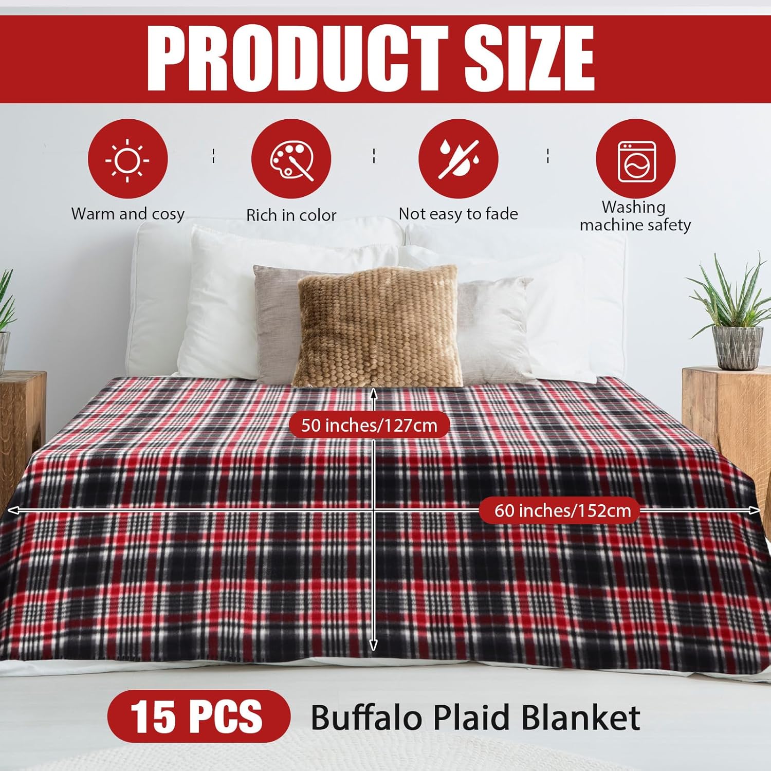 buryeah 15 pcs winter buffalo plaid throw blankets bulk 60 x 50 inch tartan plaid checkered warm throw blankets decor for christmas winter couch sofa chair bed office home(style e,red and black) red and black style e